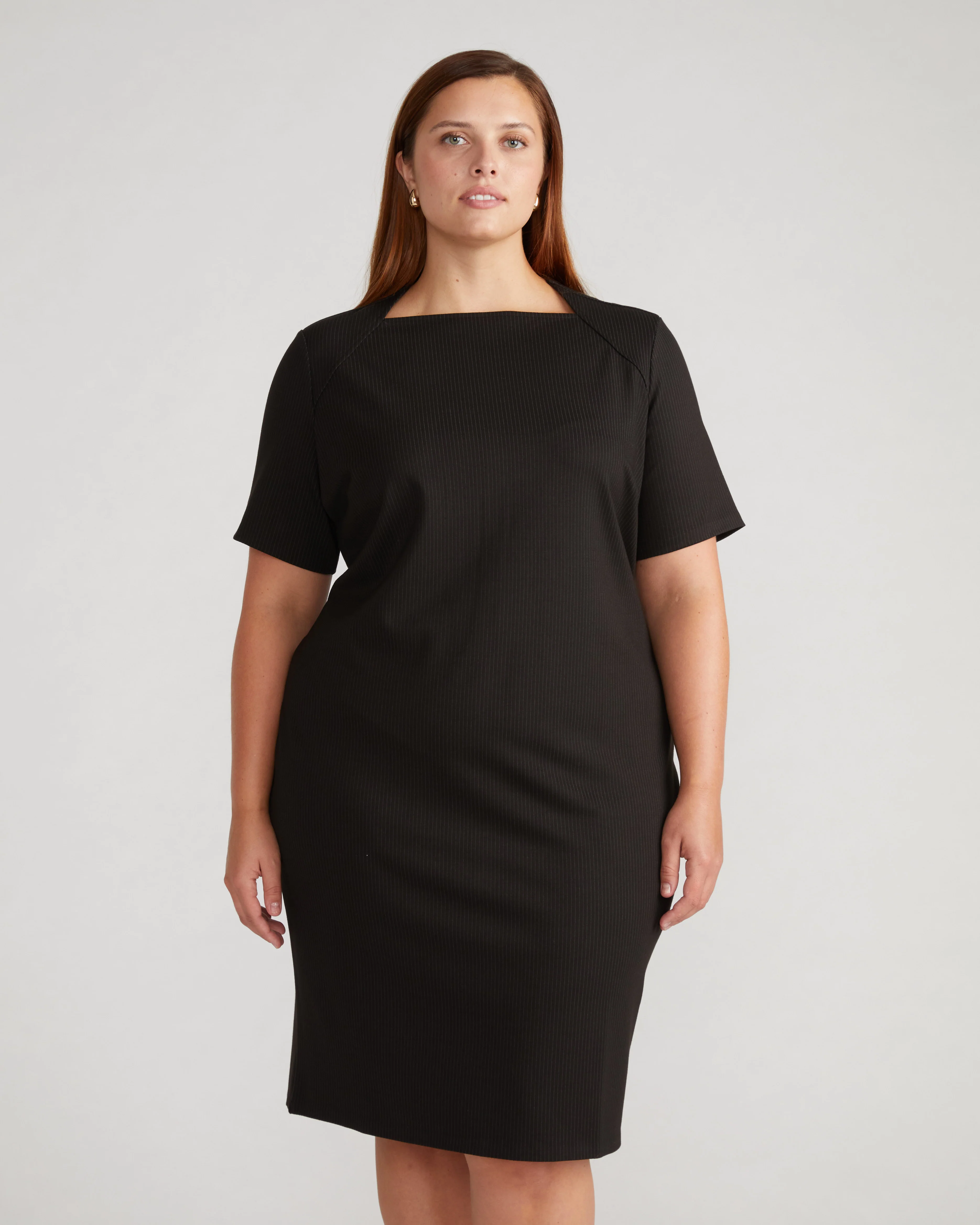 Envelope Neck Ponte Dress - Fine Grey Pinstripe - Image 2