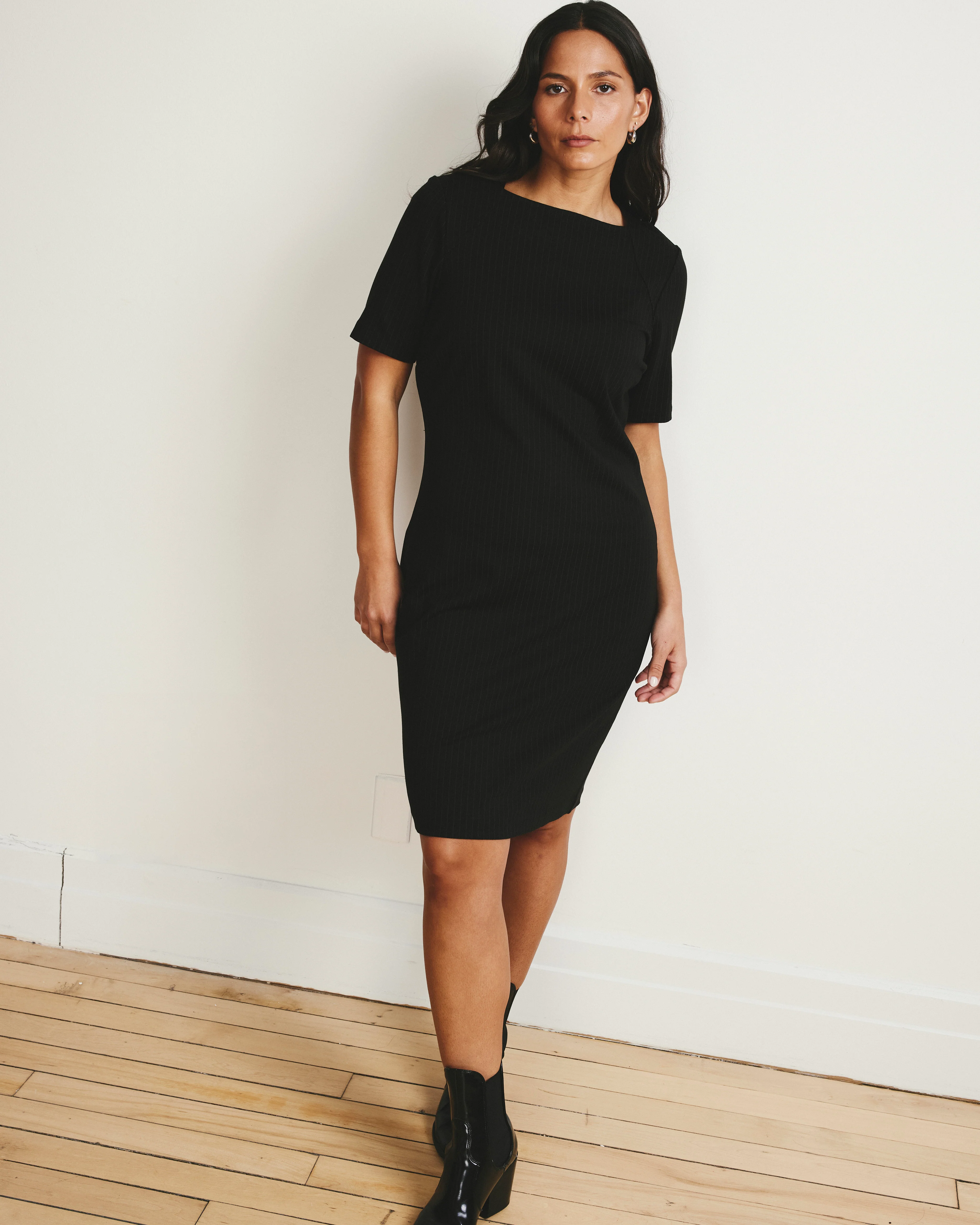 Envelope Neck Ponte Dress - Slate Pinstripe - Image 2