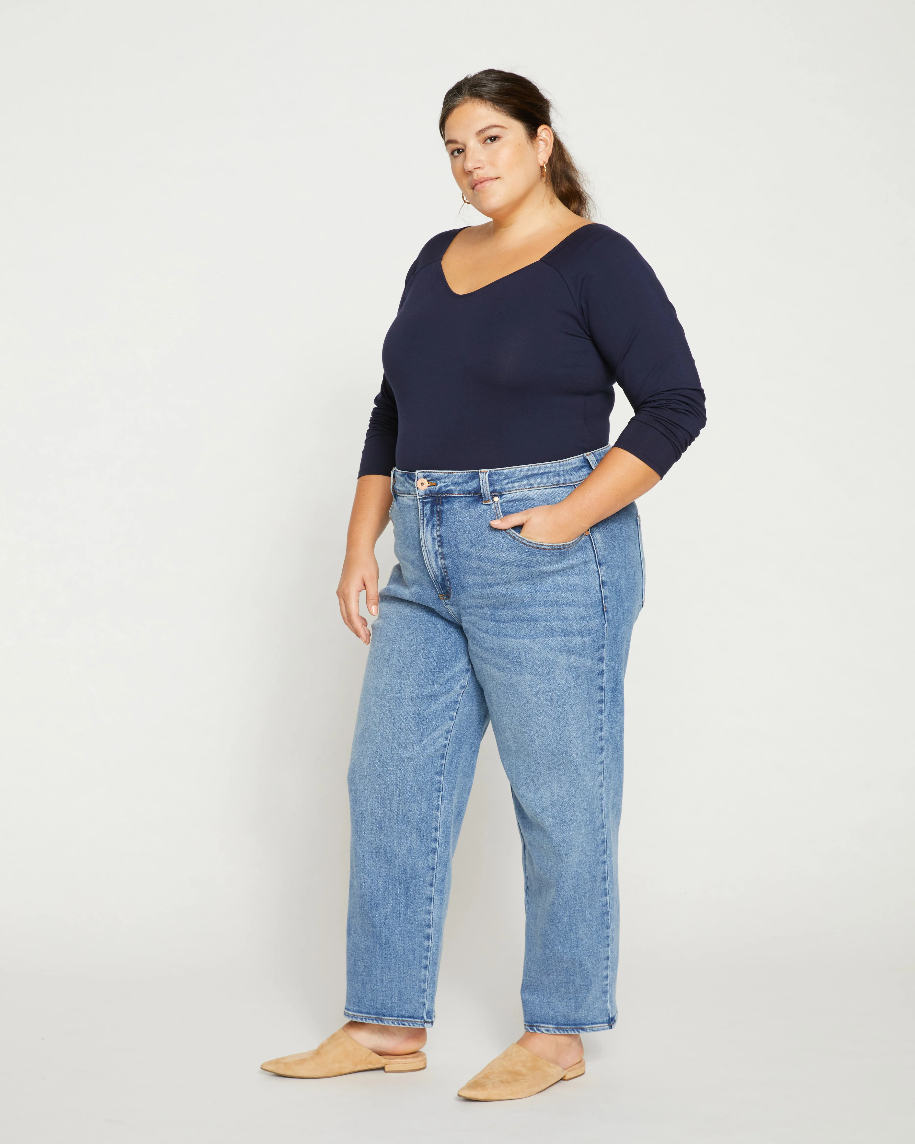 Etta High Rise Straight Leg Jeans 28 Inch - Distressed Washed Indigo - Image 3