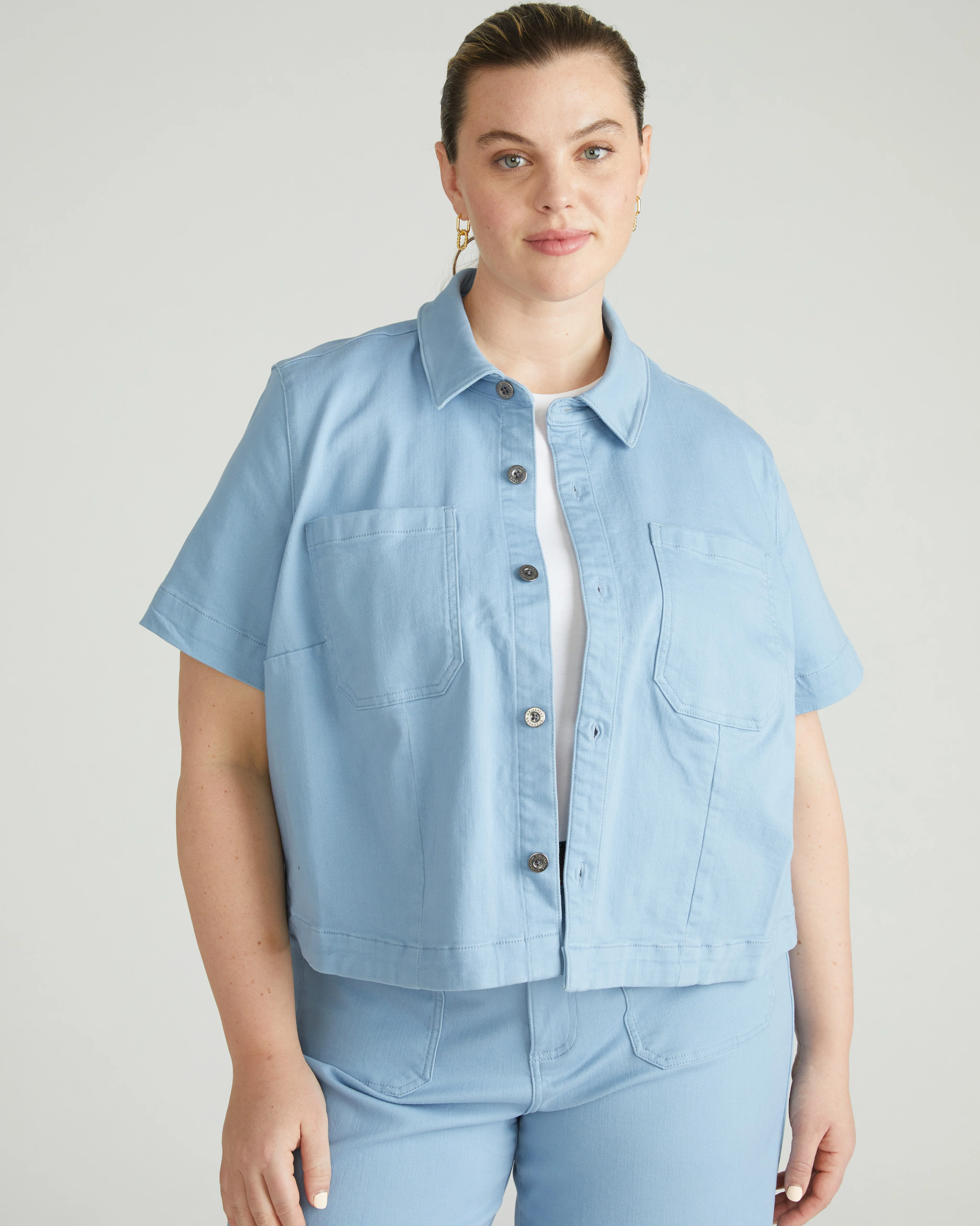 Flynn Short Sleeve Denim Shacket - Clear Sky - Image 2
