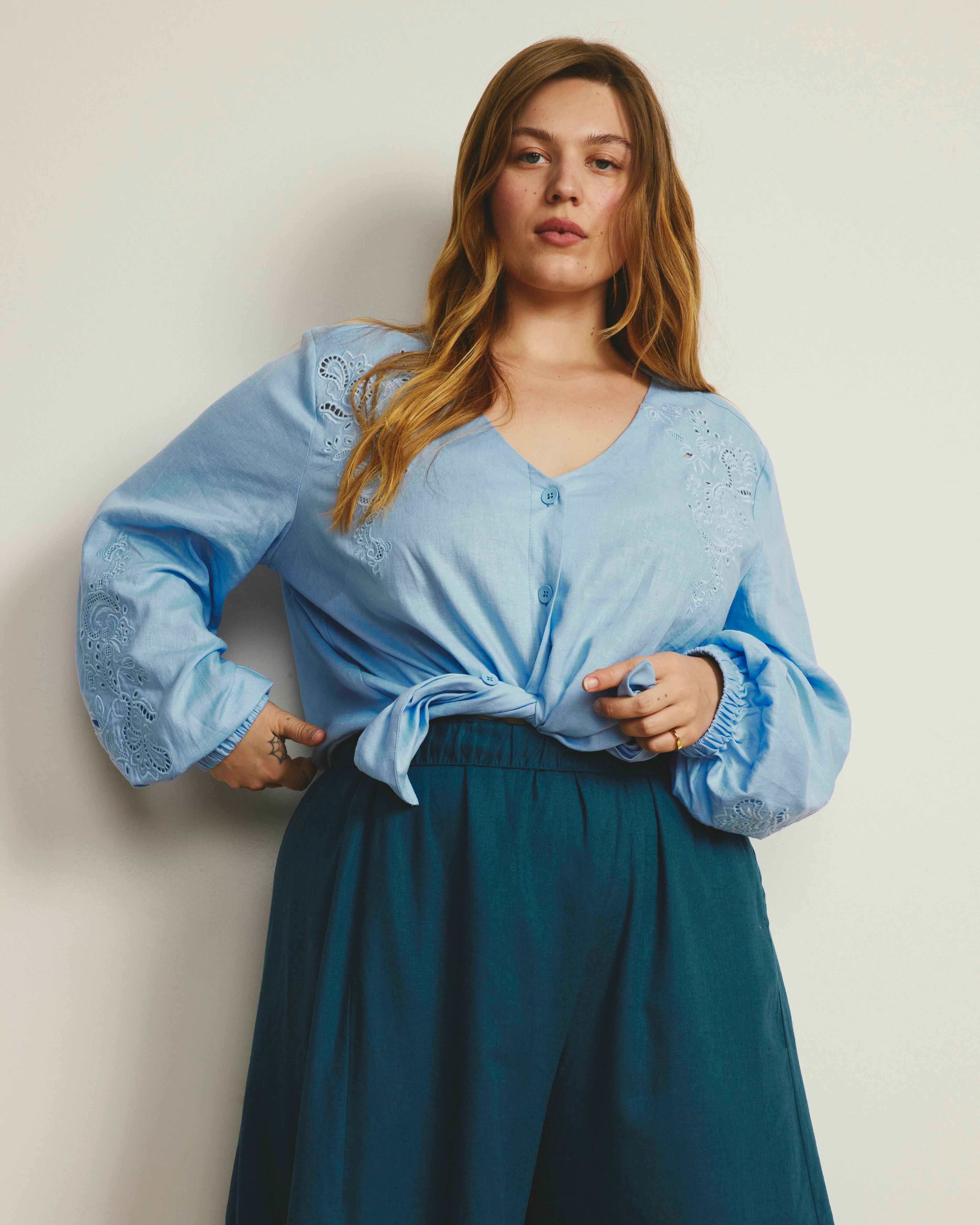 Frances Embroidered Linen Blouse - Cielo Blue - Image 2