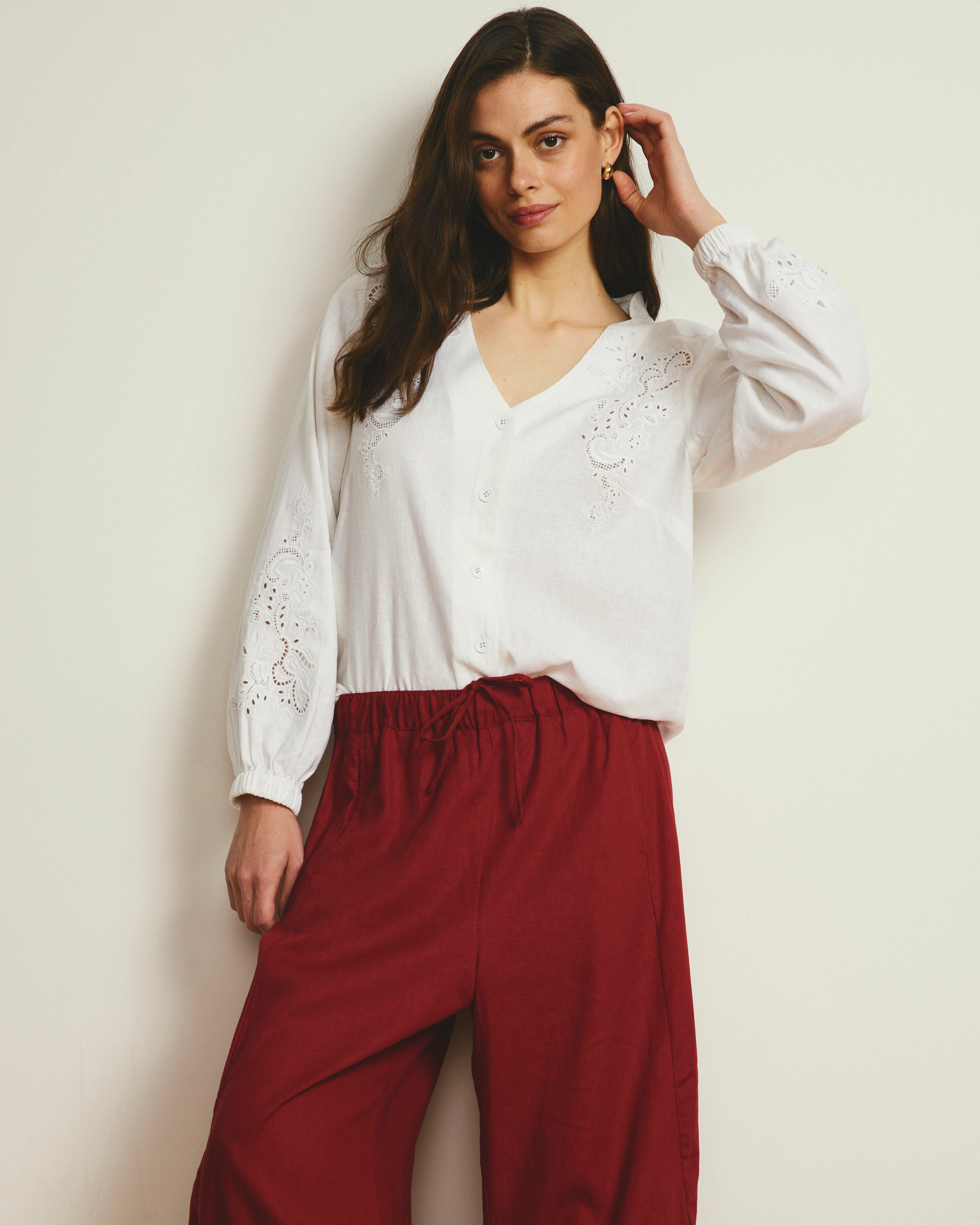 Frances Embroidered Linen Blouse - White - Image 5
