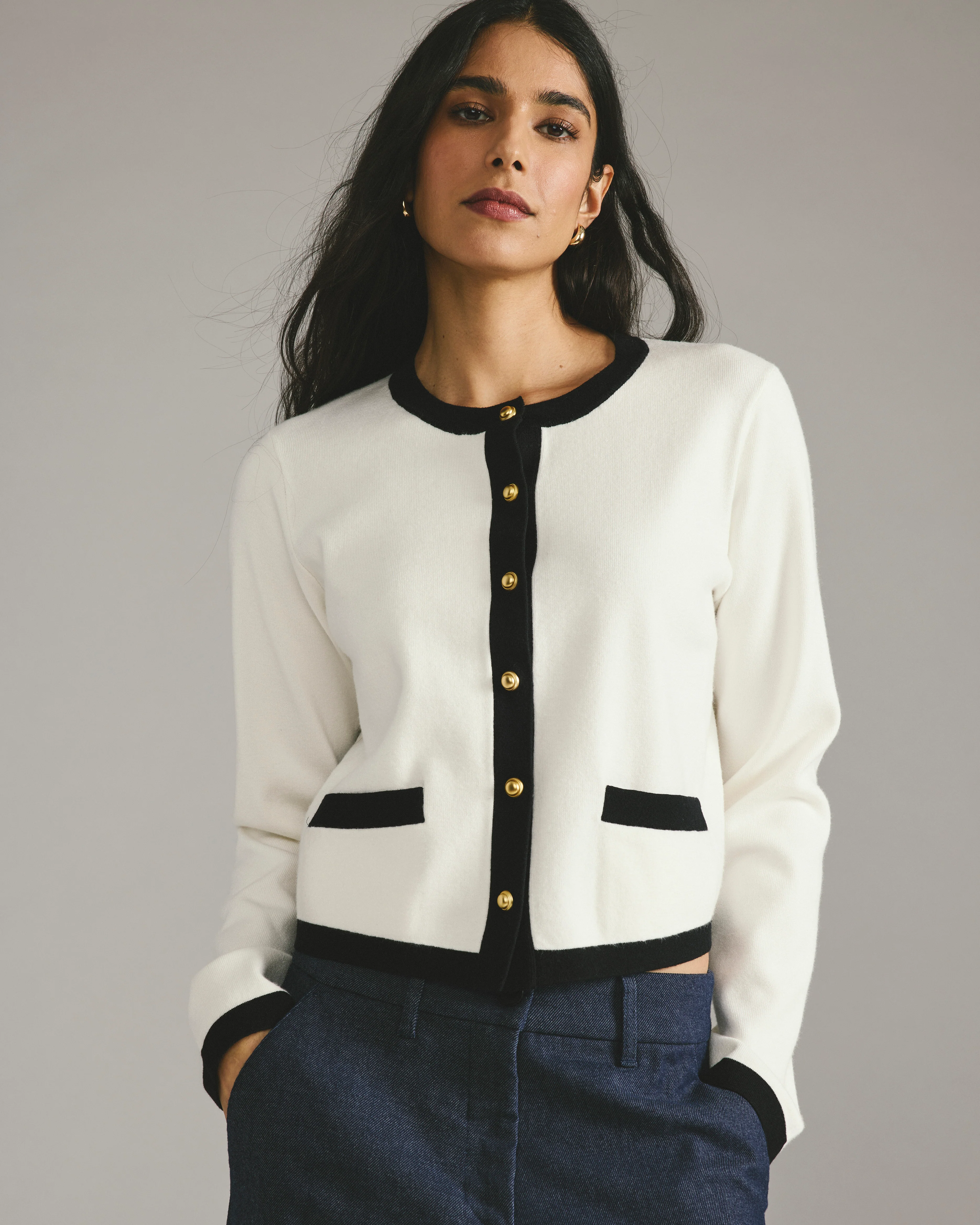 Gabrielle Button-Front Cardigan - Cream with Black Accents - Image 3