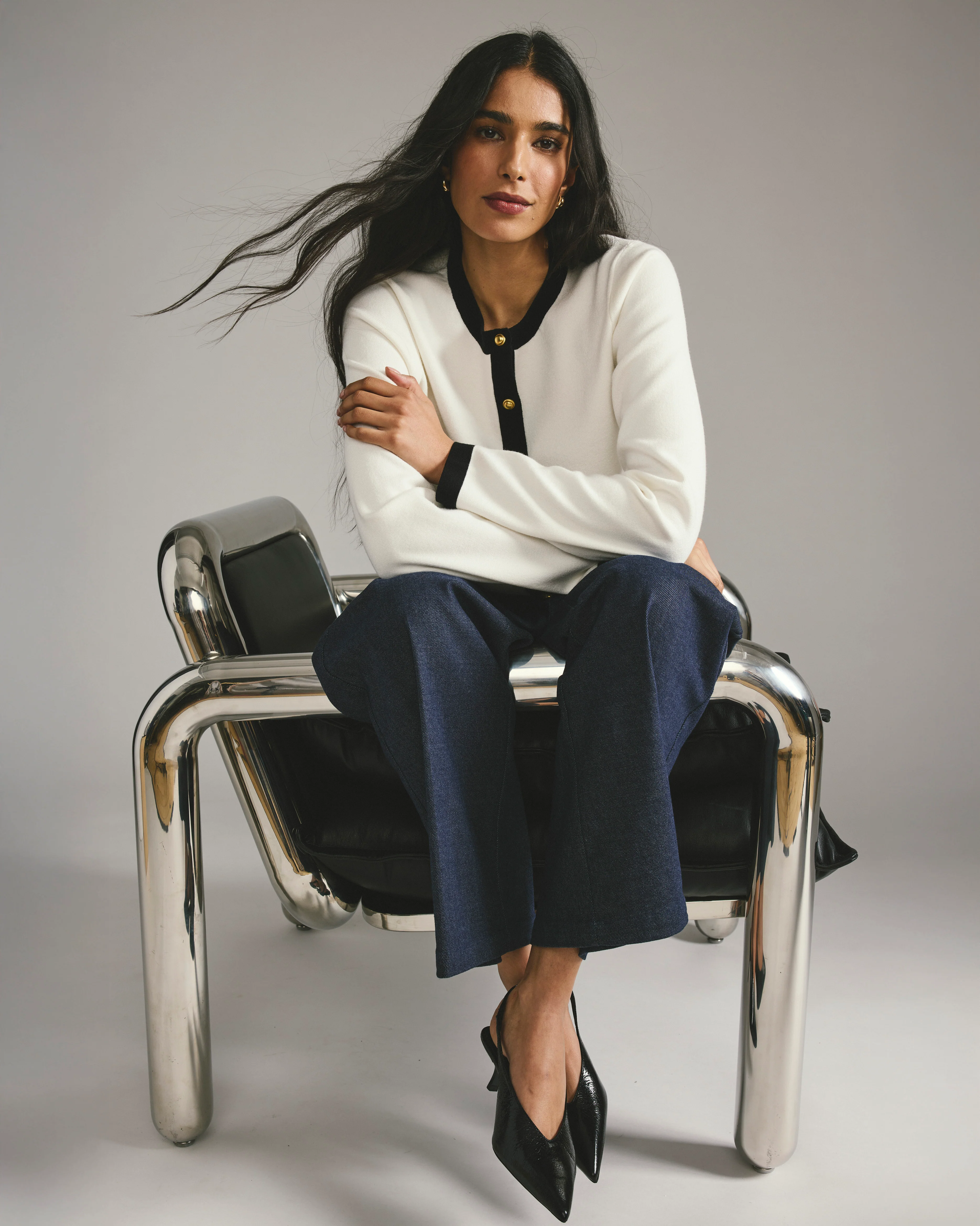 Gabrielle Button-Front Cardigan - Cream with Black Accents - Image 5