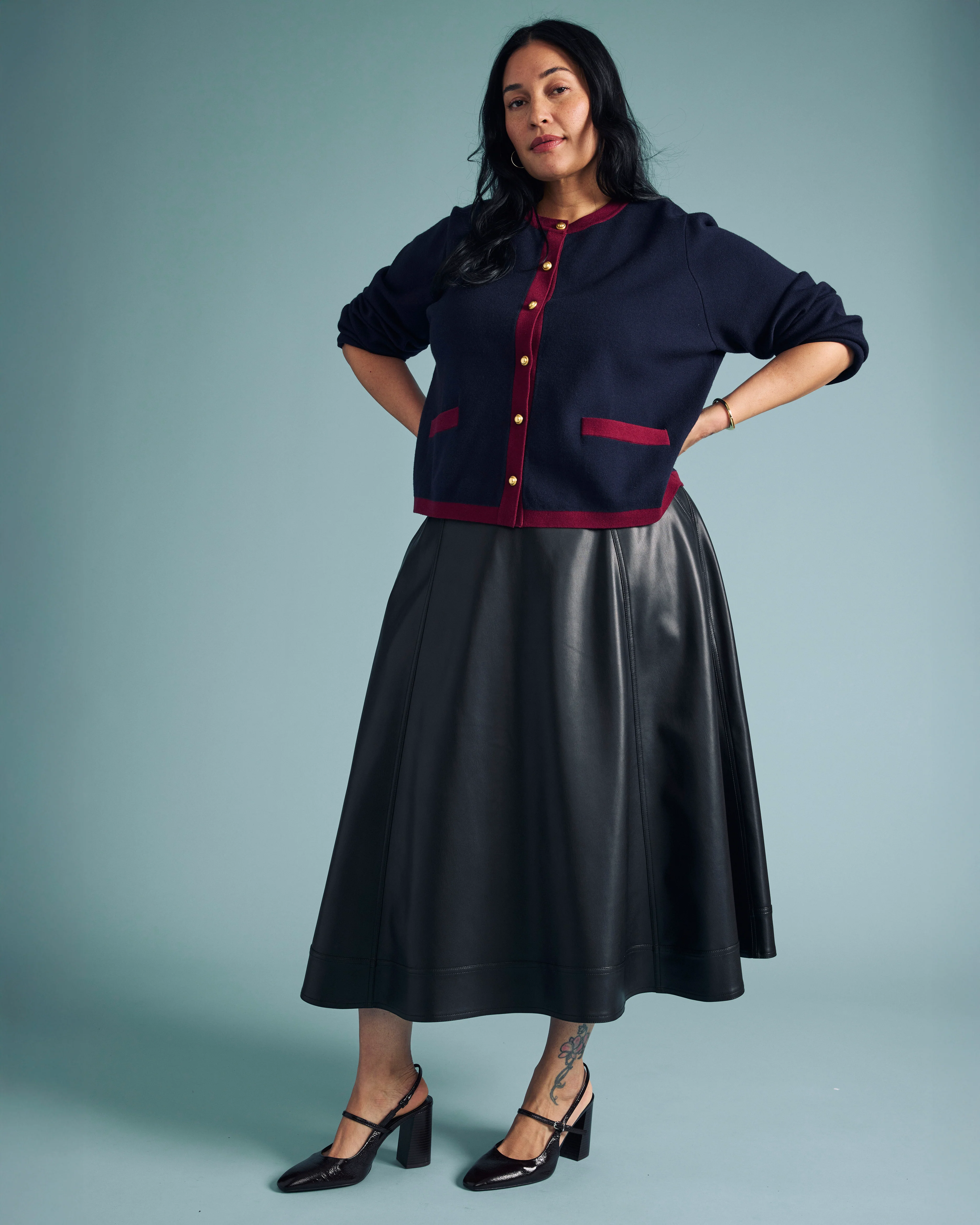 Gabrielle Button-Front Cardigan - Midnight with Red Accents - Image 2