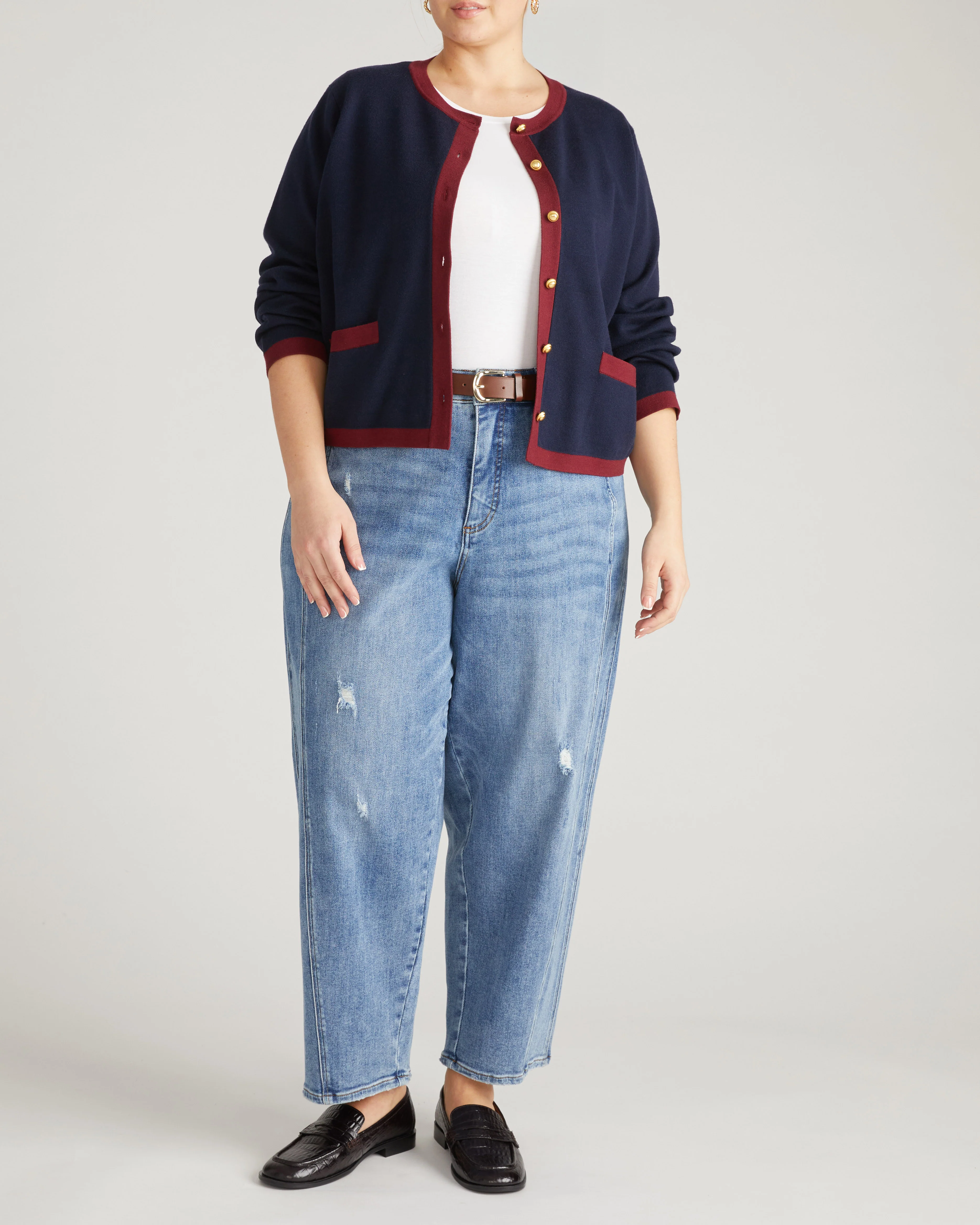 Gabrielle Button-Front Cardigan - Midnight with Red Accents - Image 4