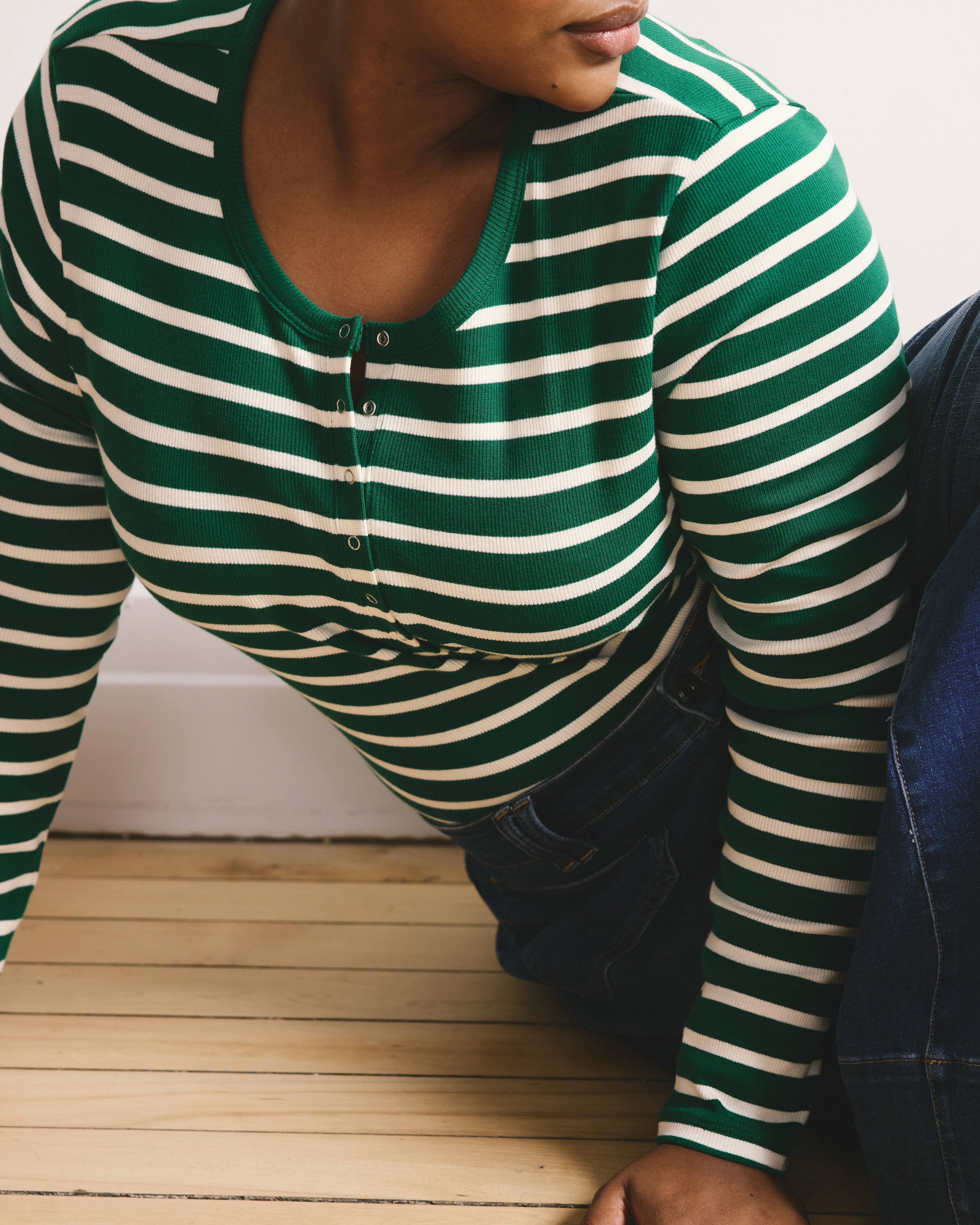 Henley Long Sleeve Ribbed Tee - Aventurine/Ecru Stripe - Image 3