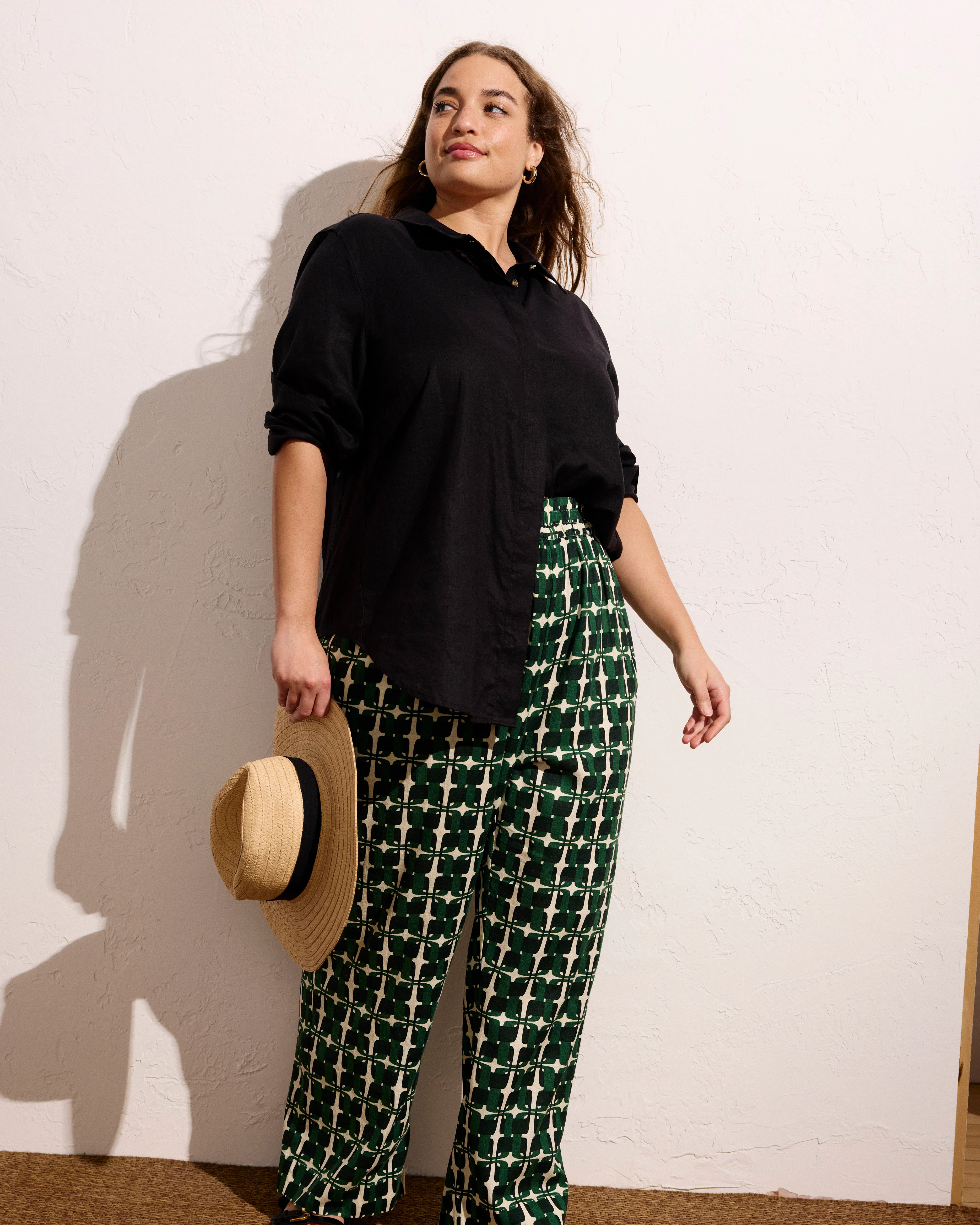 Iris Linen Easy Pull-On Pants - Green Trellis Print - Image 2