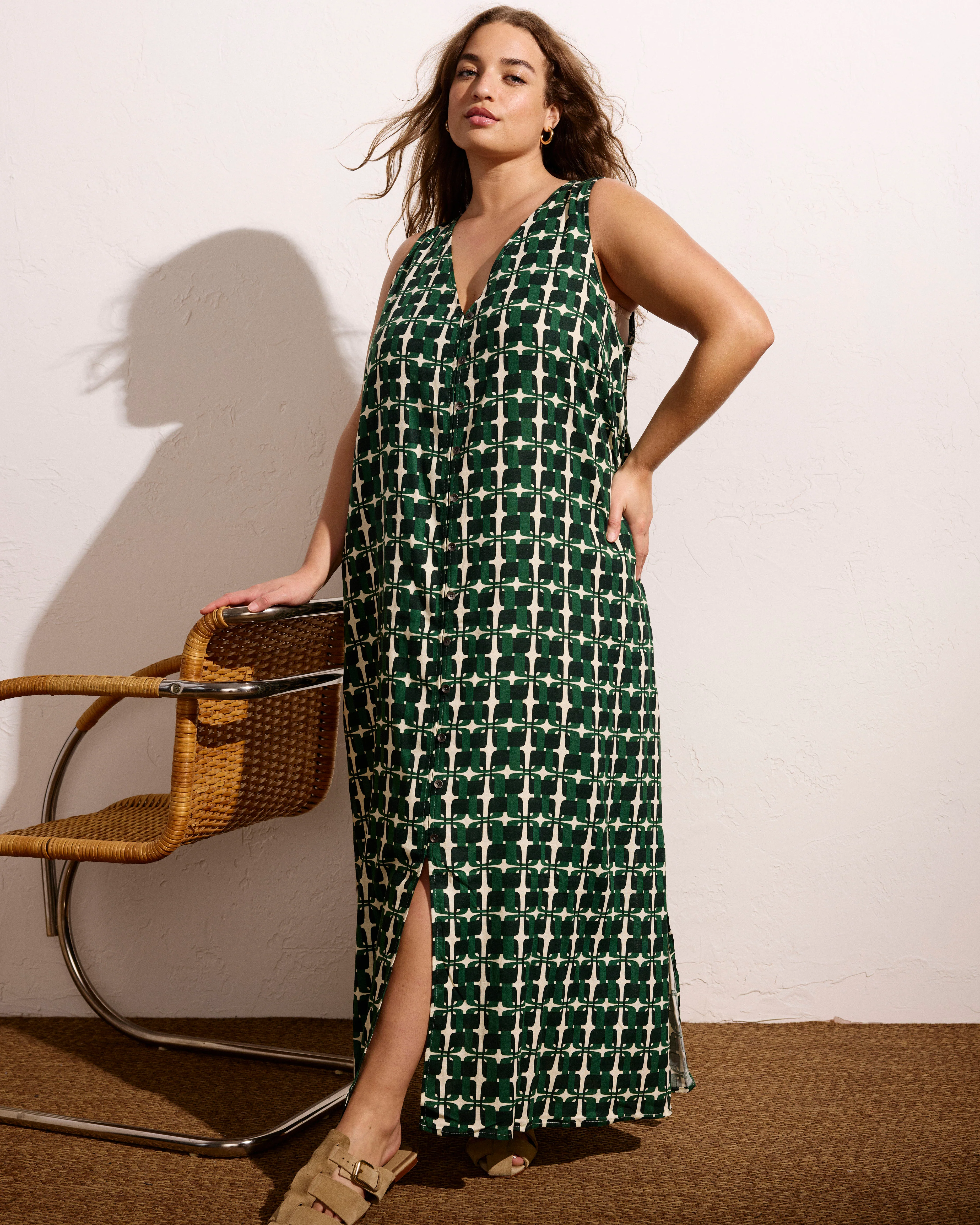 Islet Button-Down Linen Maxi Dress - Green Trellis Print - Image 2