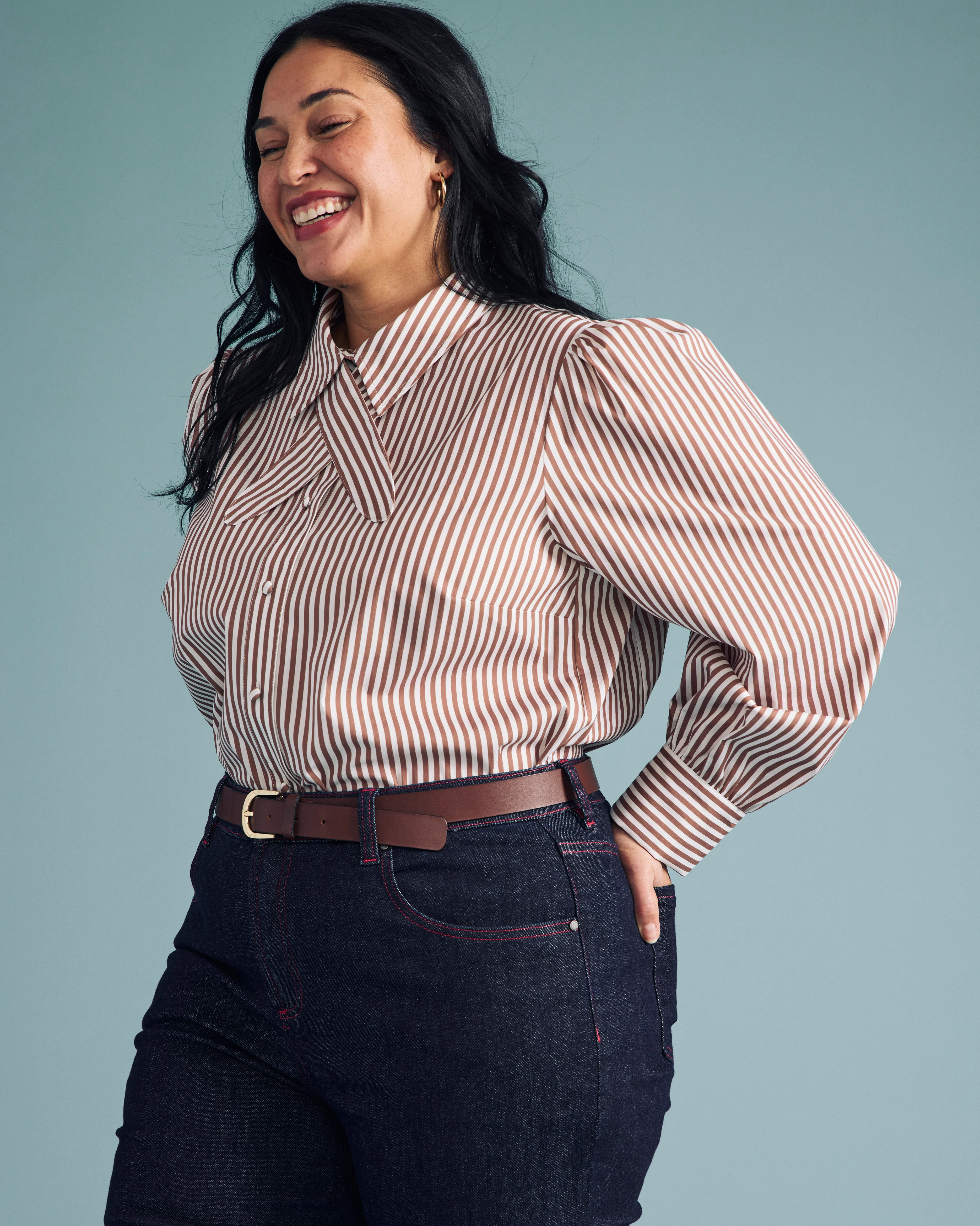 Janet Tie-Neck Cotton Poplin Shirt - Allspice/White Stripe - Image 3