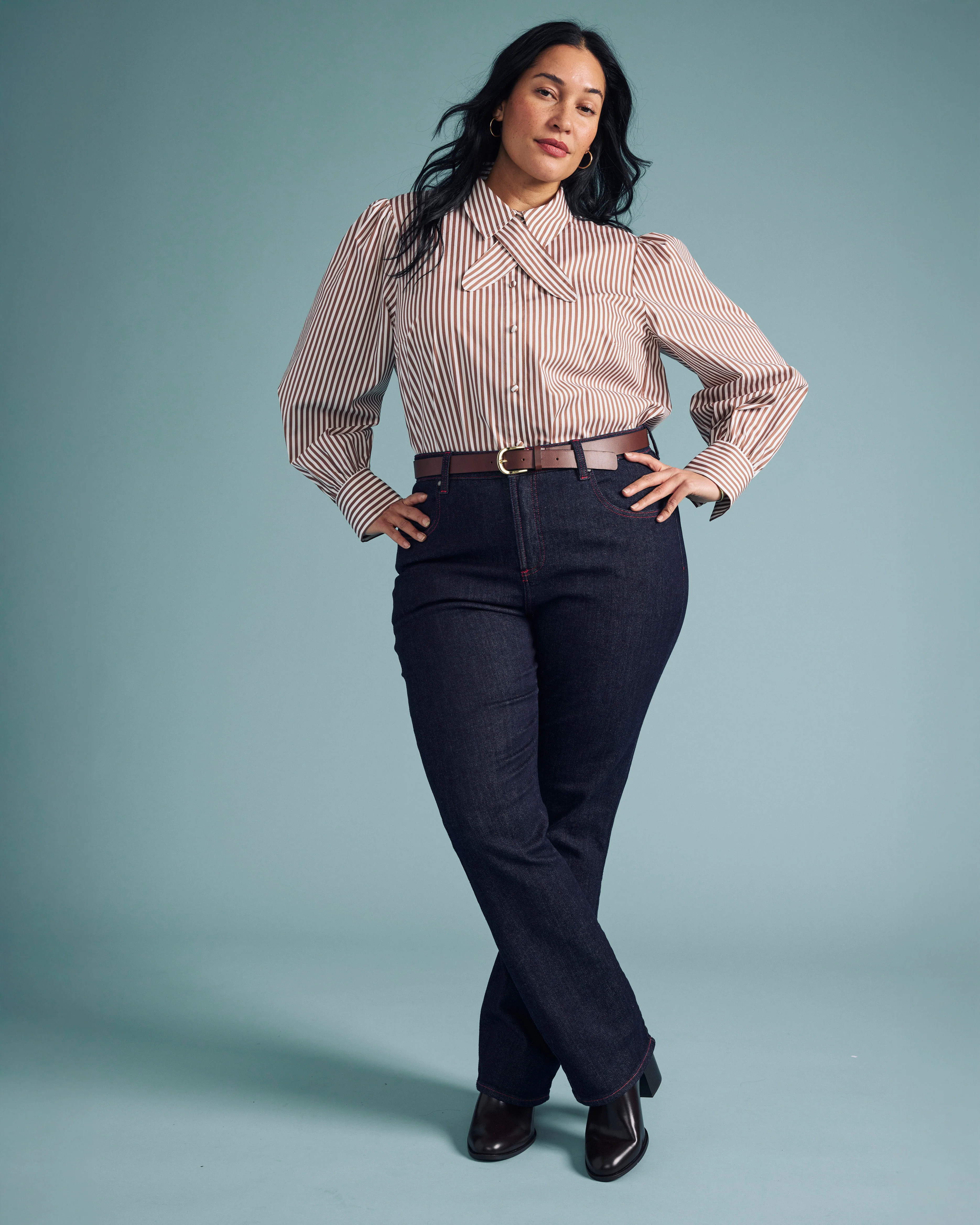 Janet Tie-Neck Cotton Poplin Shirt - Allspice/White Stripe - Image 4