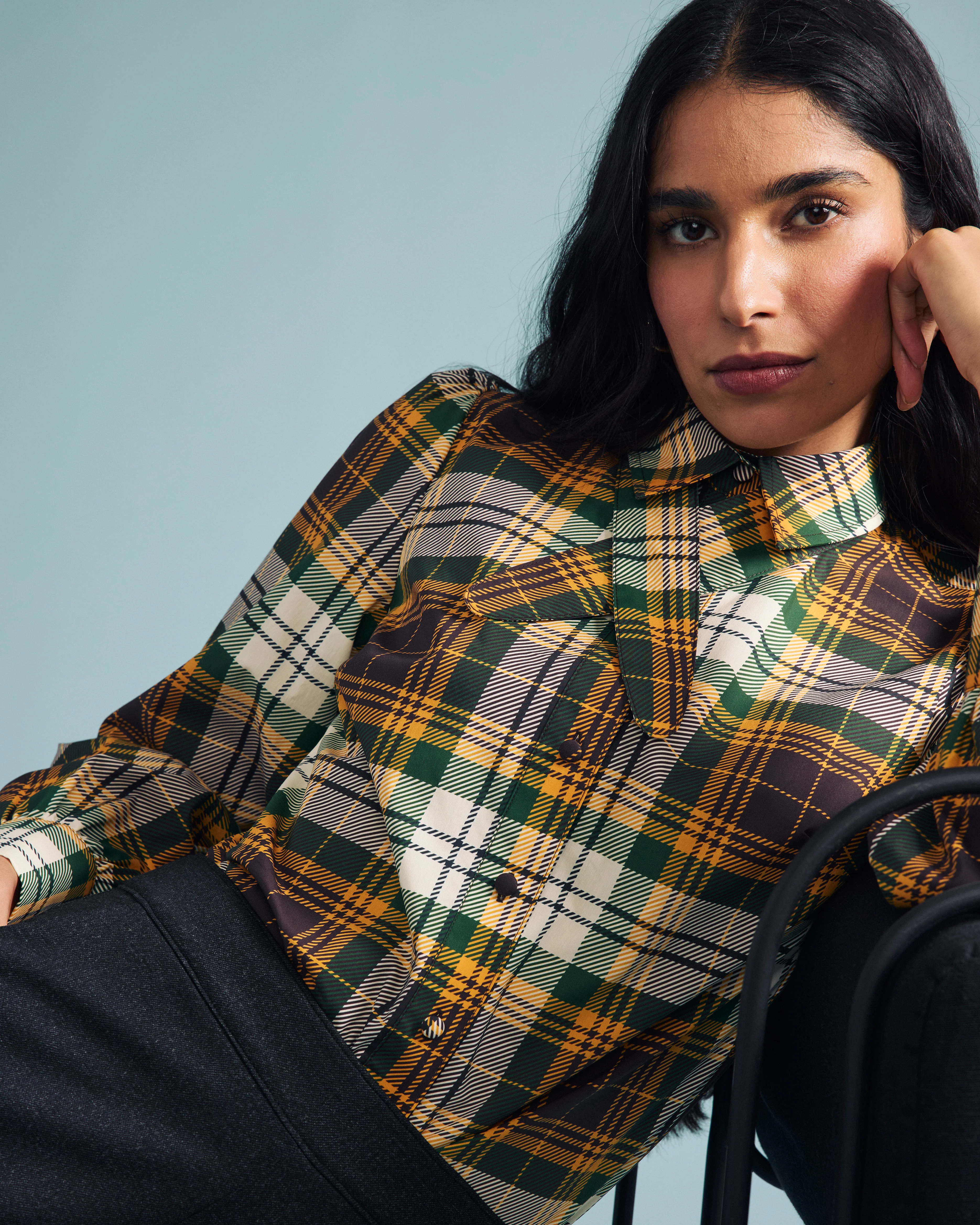 Janet Tie-Neck Cotton Poplin Shirt - Brown Plaid - Image 4