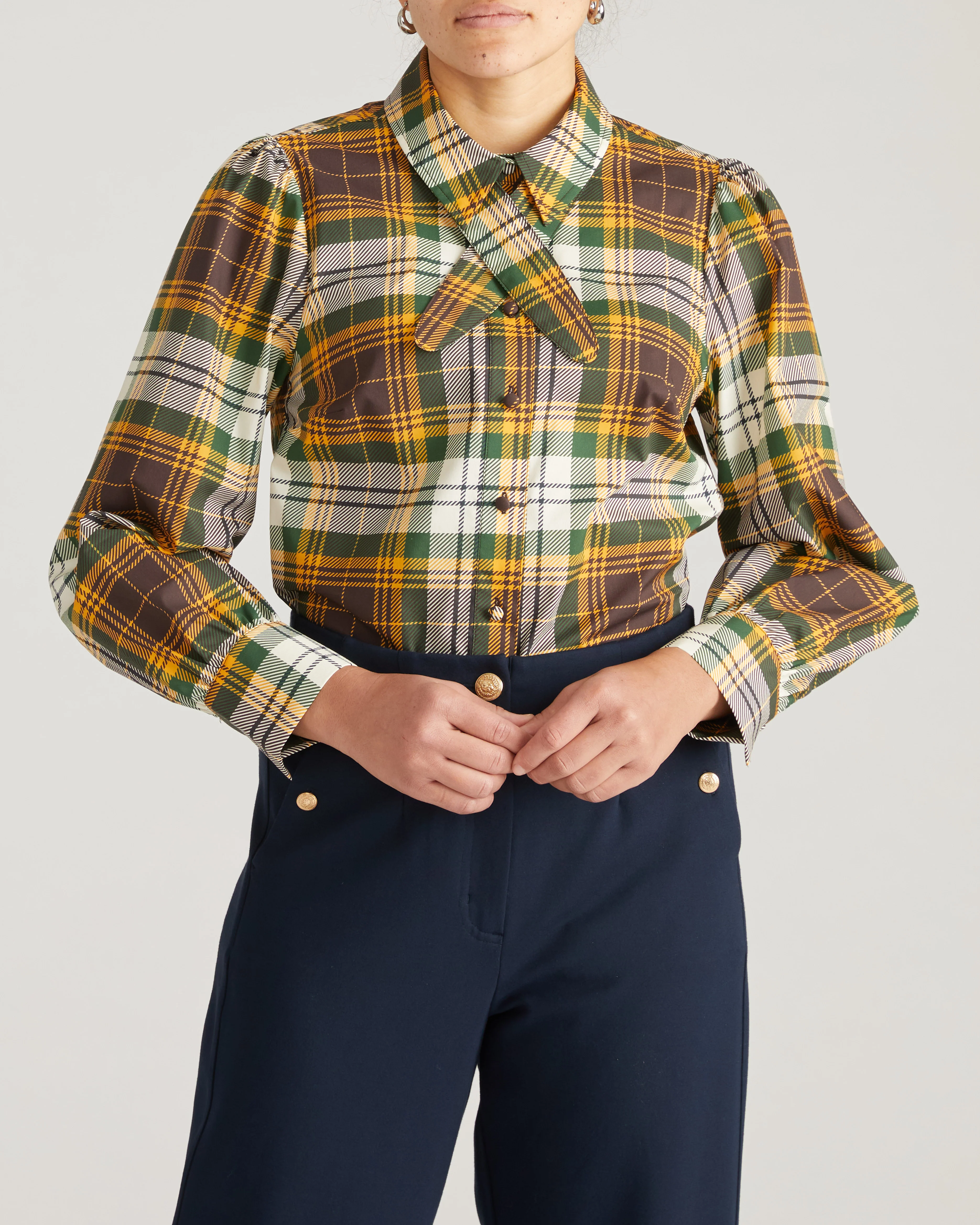 Janet Tie-Neck Cotton Poplin Shirt - Brown Plaid - Image 6