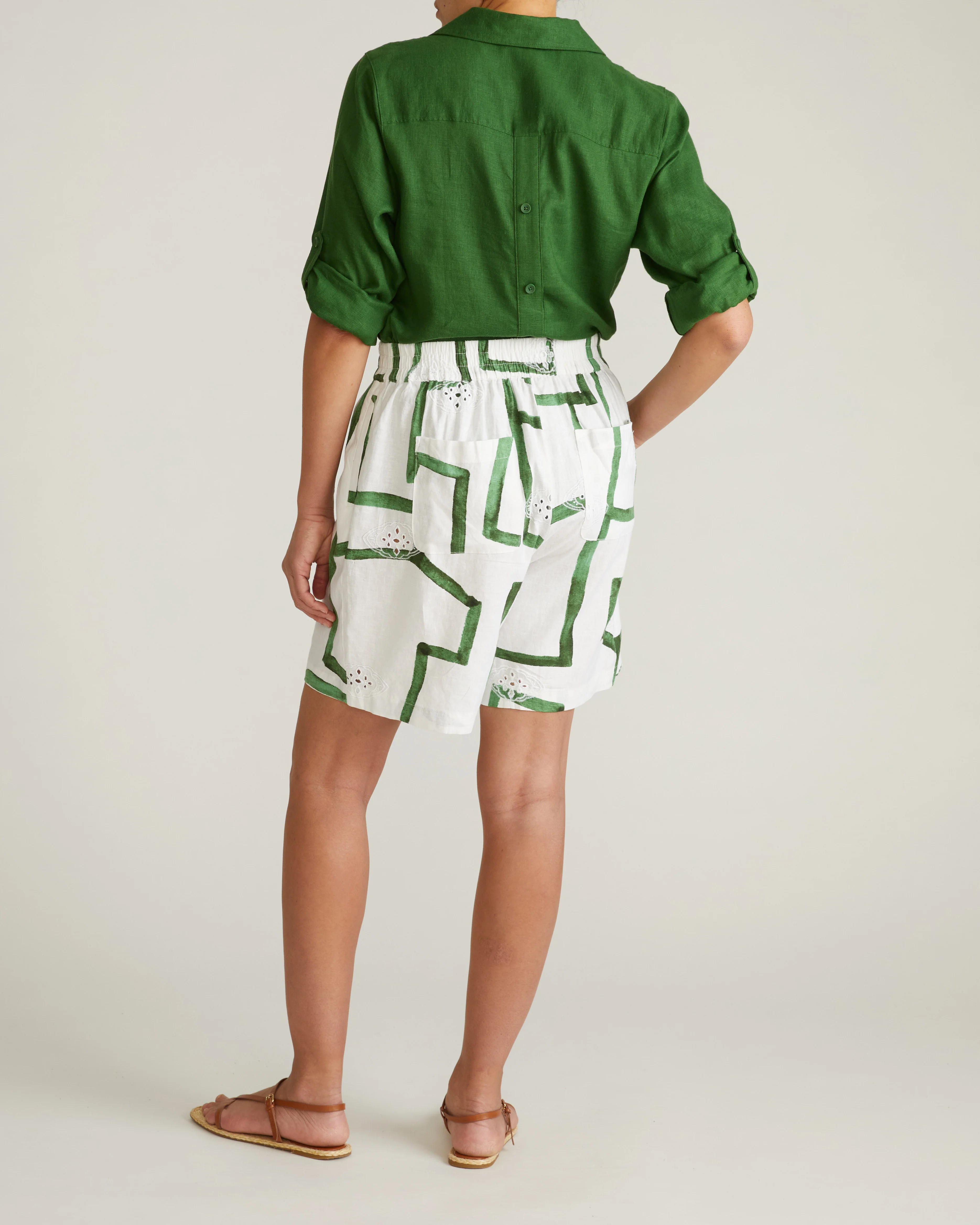 Juniper Linen Easy Pull-On Shorts - Green Paint Print - Image 6