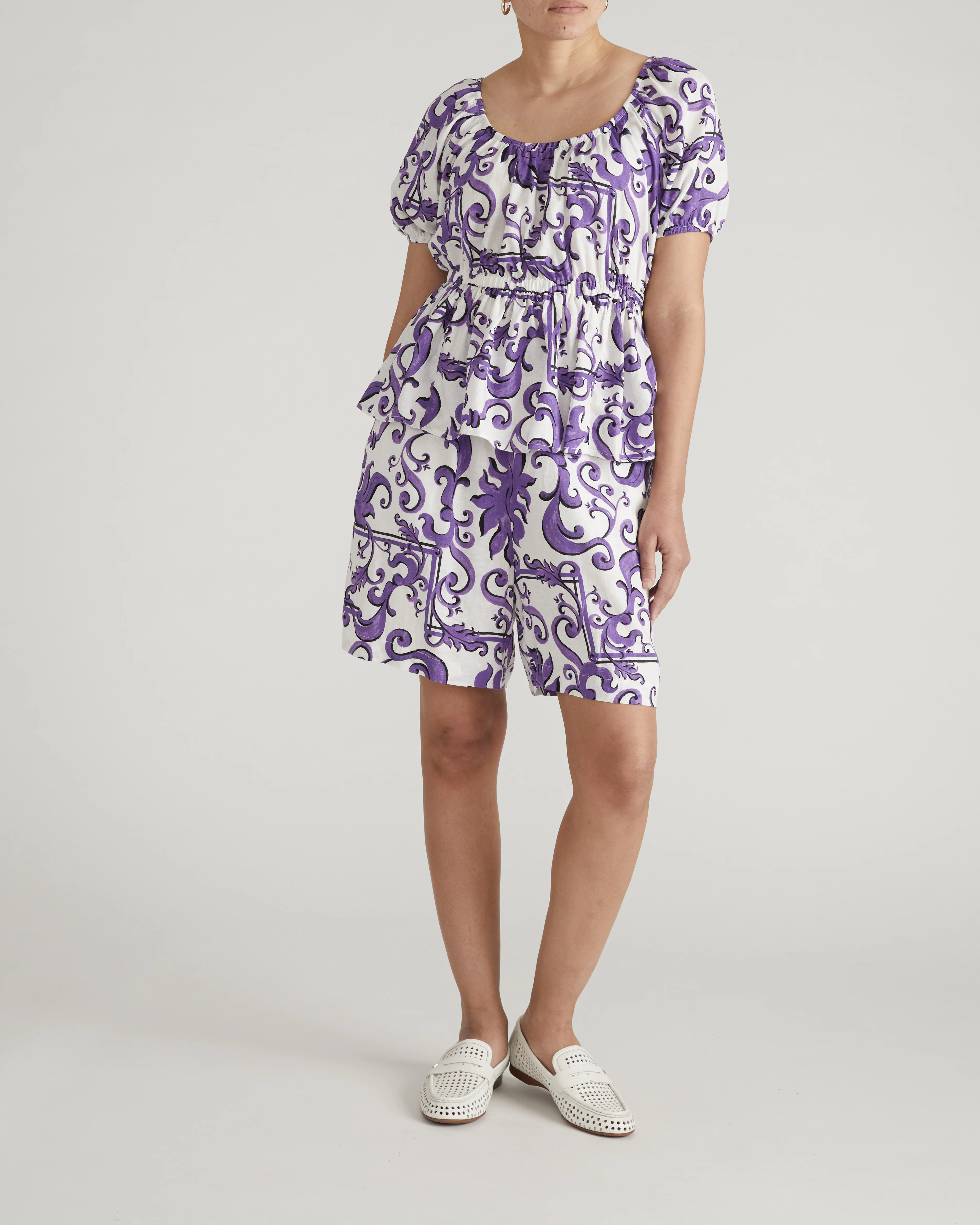Juniper Linen Easy Pull-On Shorts - Purple Majolica Print - Image 3