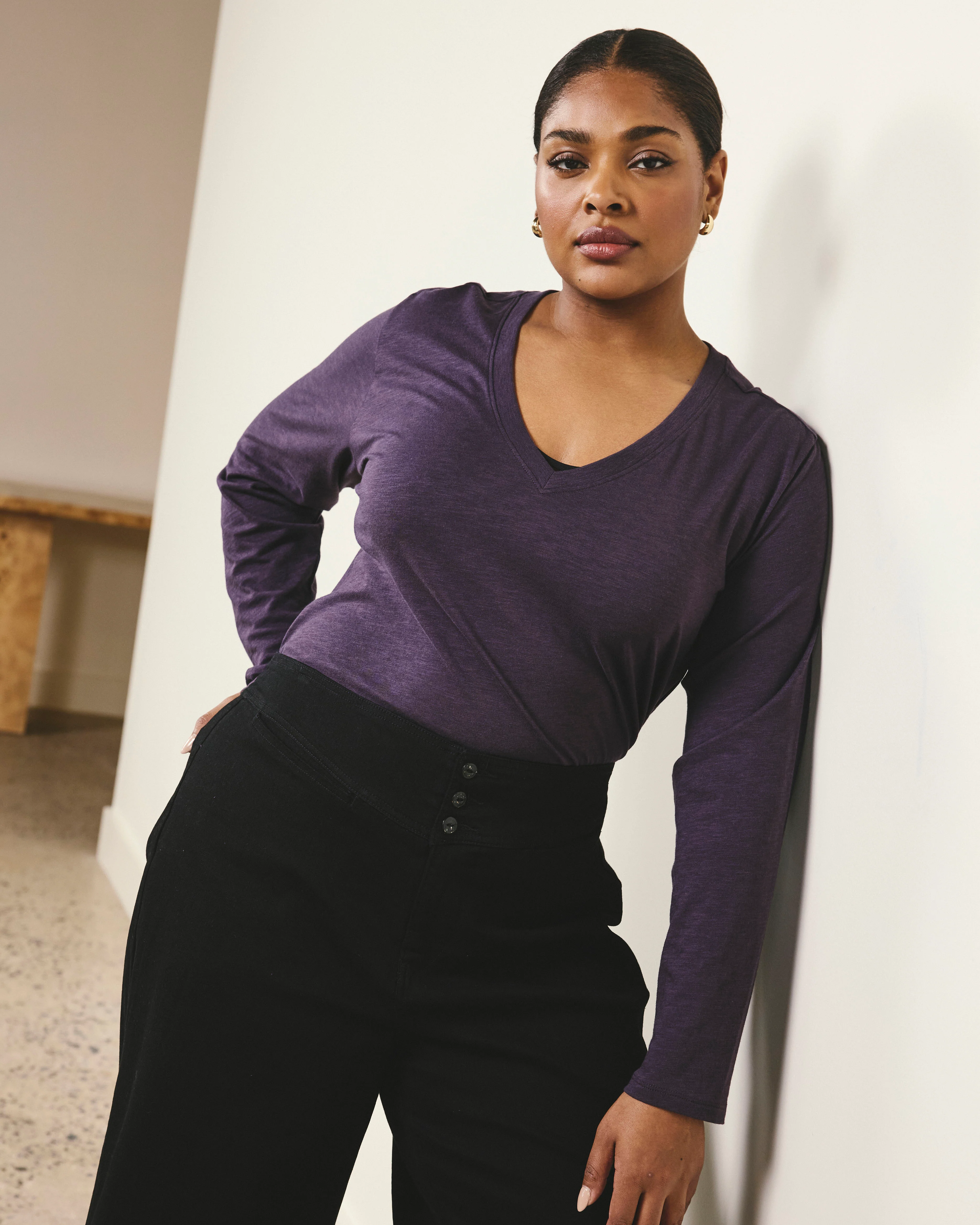 Light-As-Air Long Sleeve V Neck Tee - Purple Jewel - Image 3