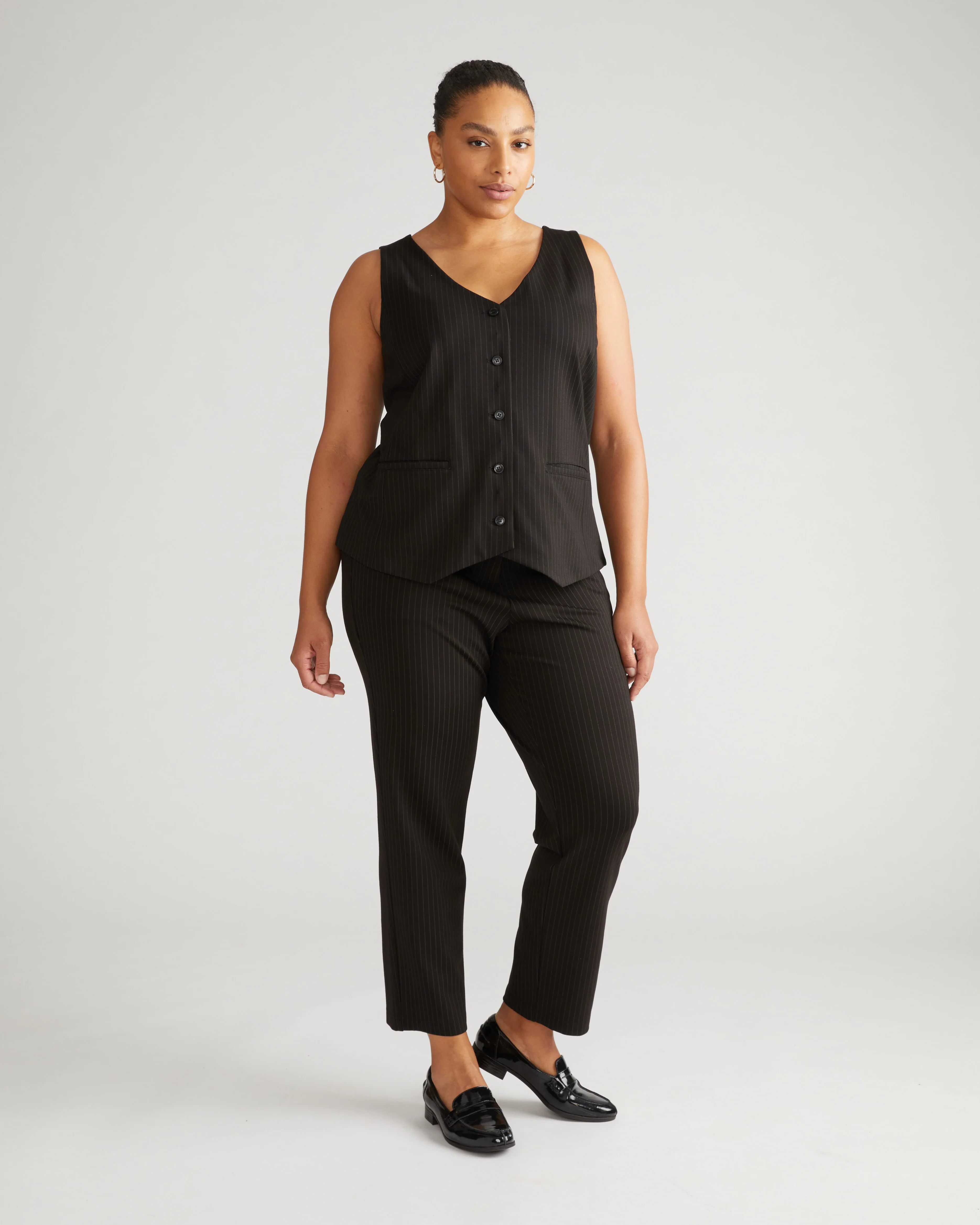 Long Cigarette Ponte Pants - Slate Pinstripe - Image 2