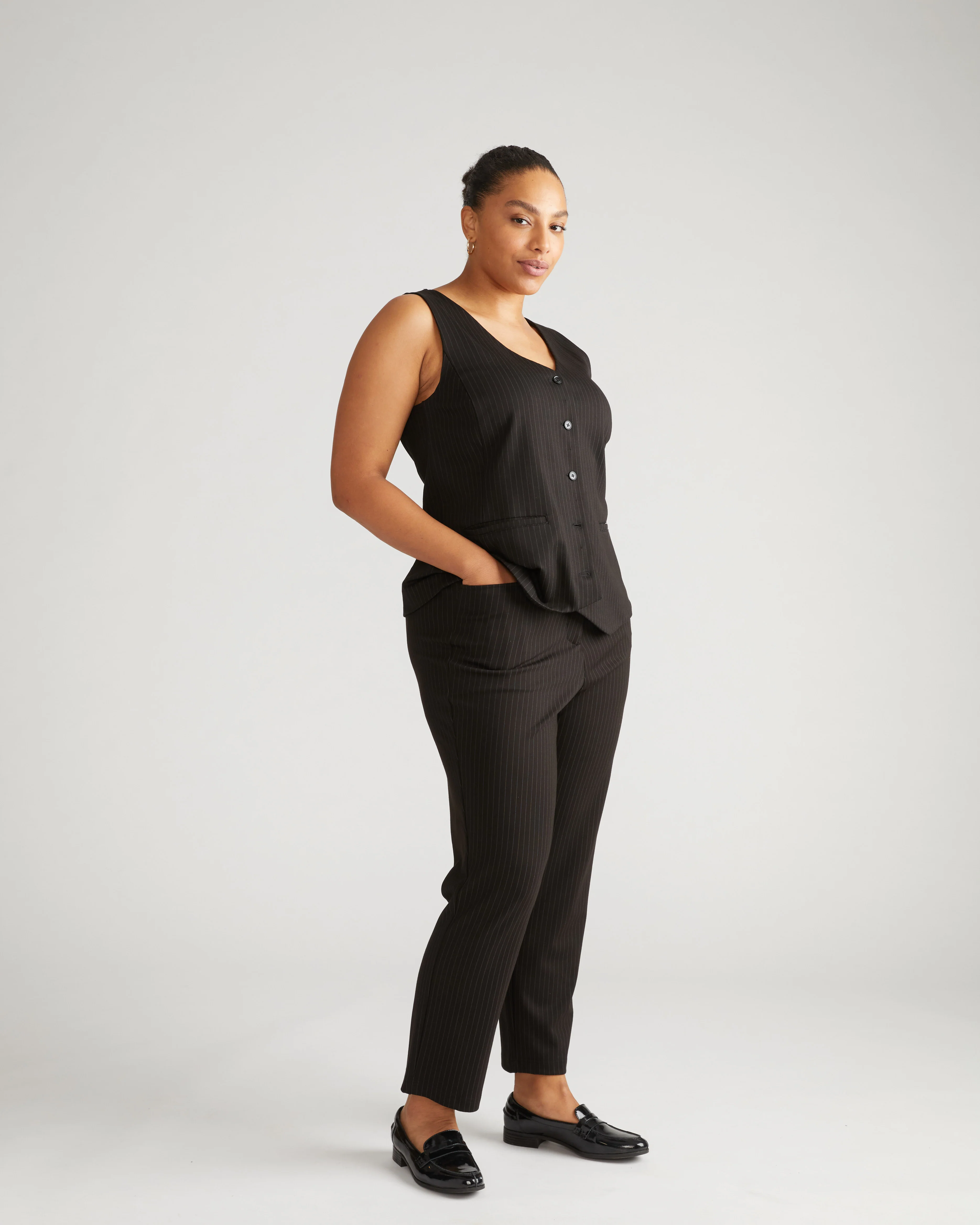 Long Cigarette Ponte Pants - Slate Pinstripe - Image 3