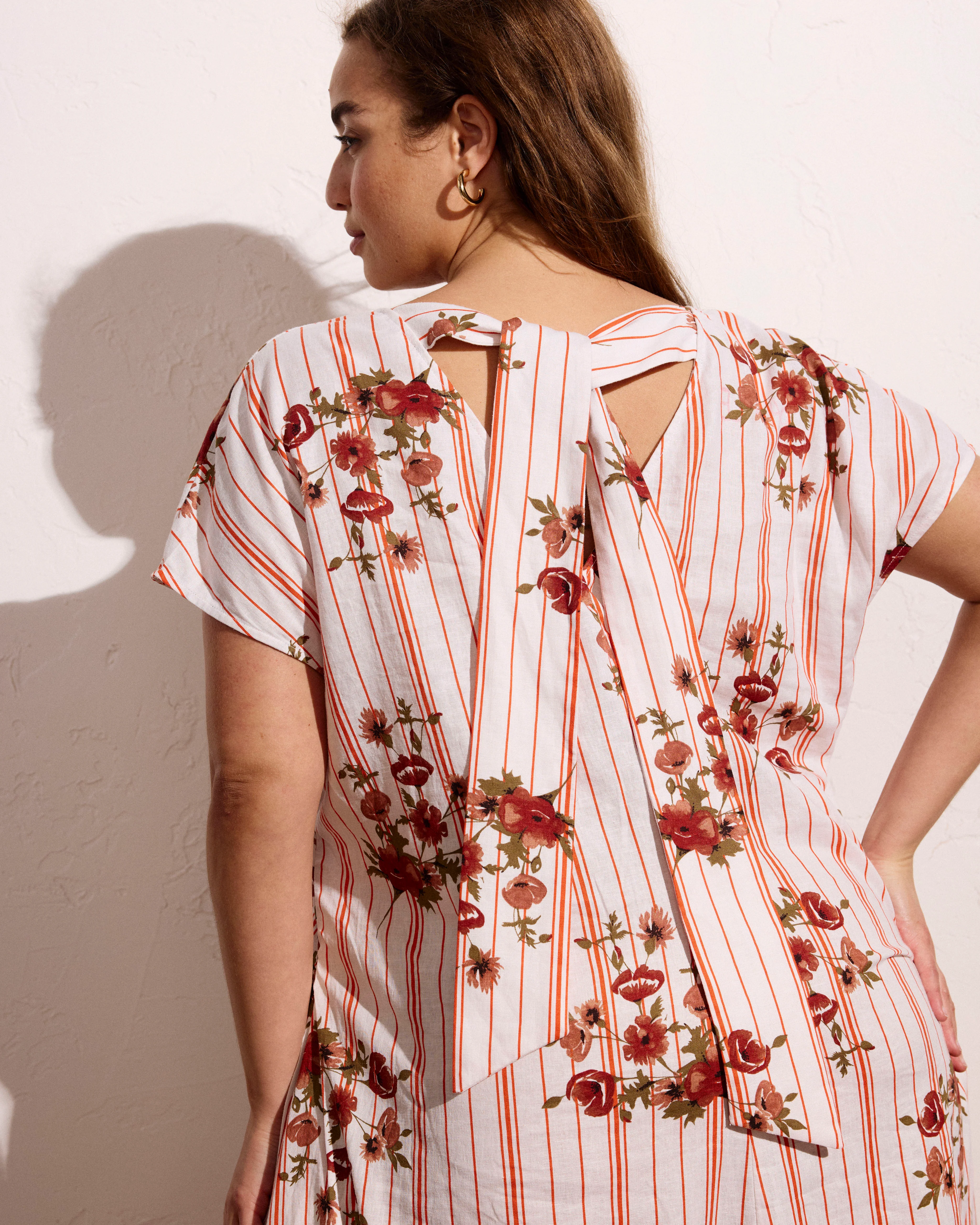 Louvre Bow Back Linen Dress - Wild Flower Bouquet Print on Stripes - Image 2