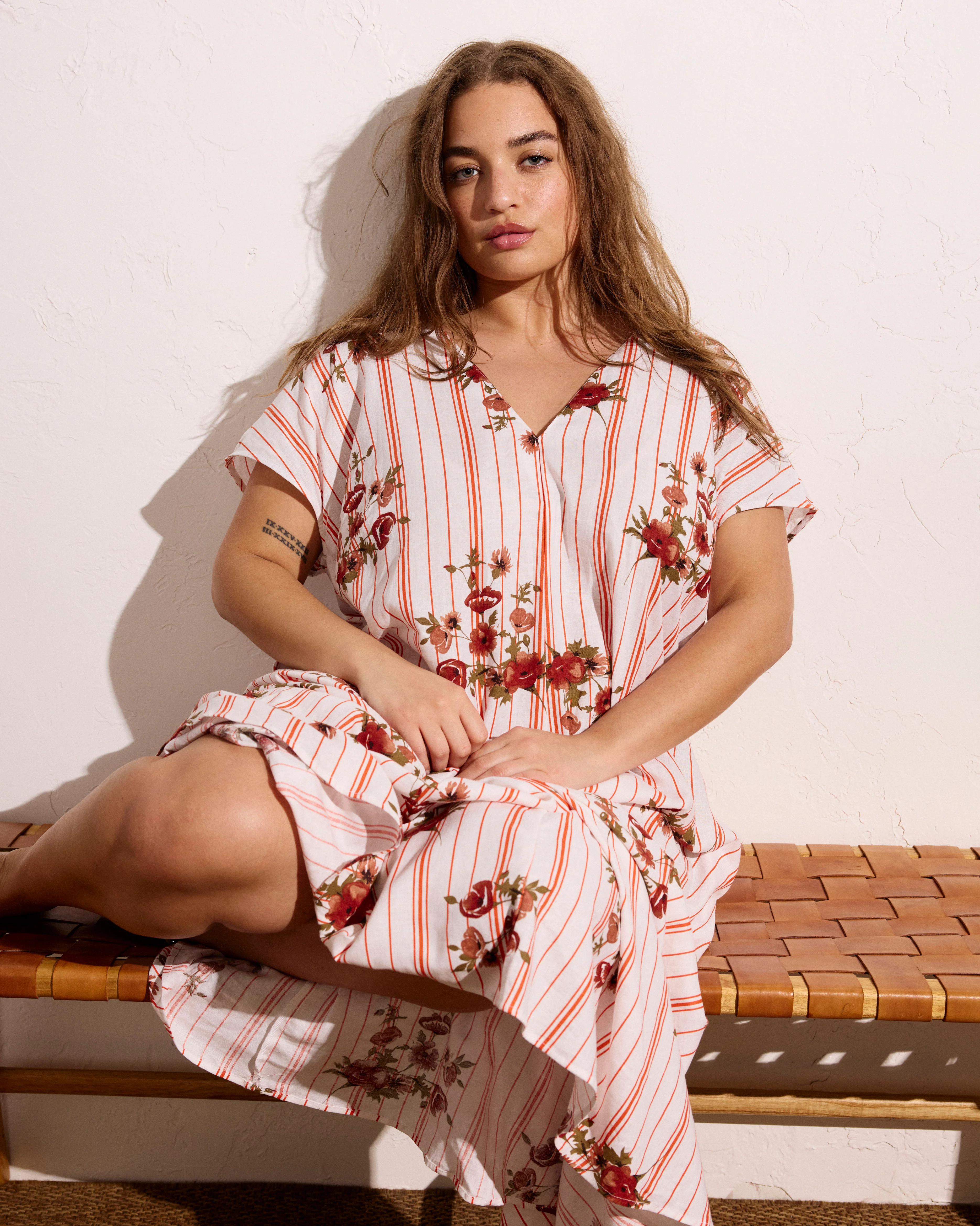 Louvre Bow Back Linen Dress - Wild Flower Bouquet Print on Stripes - Image 3