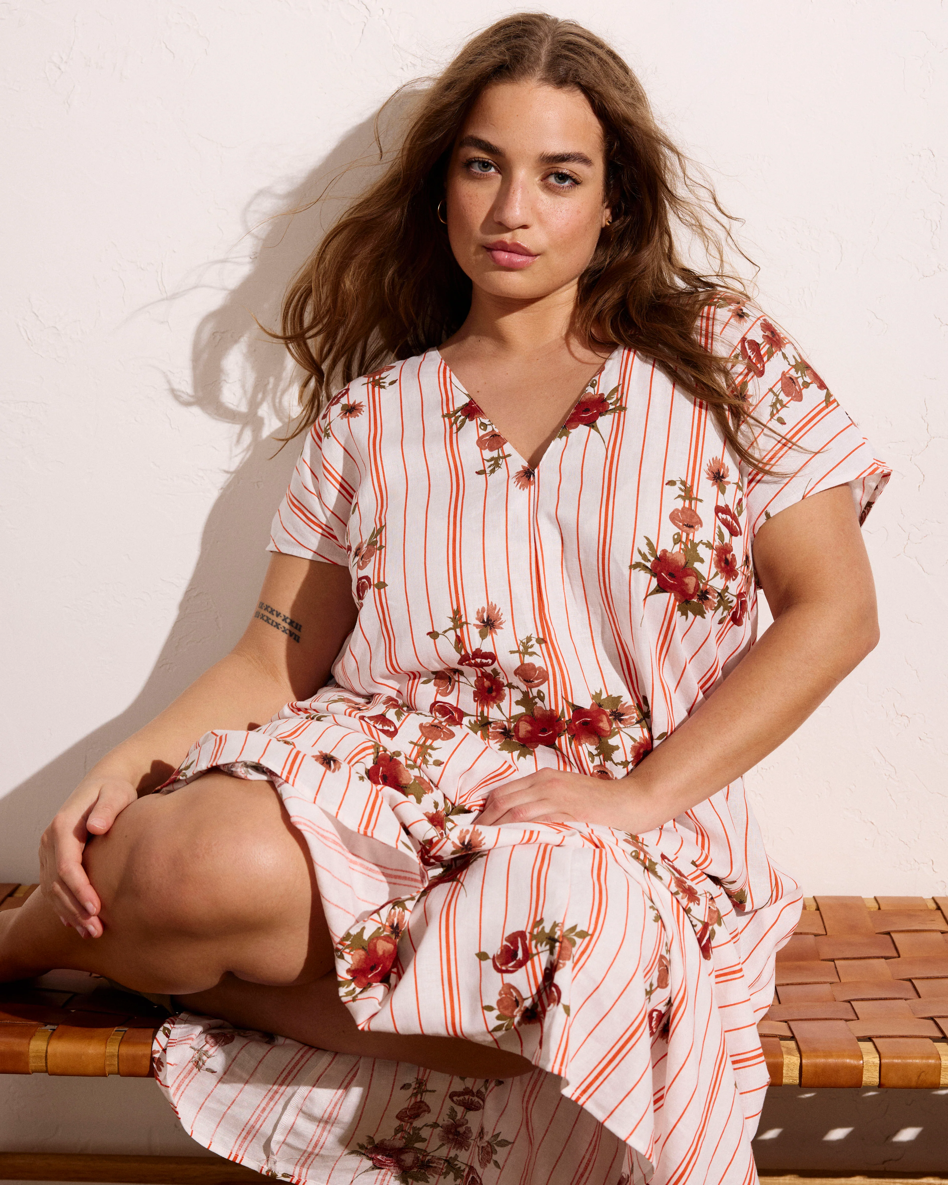 Louvre Bow Back Linen Dress - Wild Flower Bouquet Print on Stripes - Image 4
