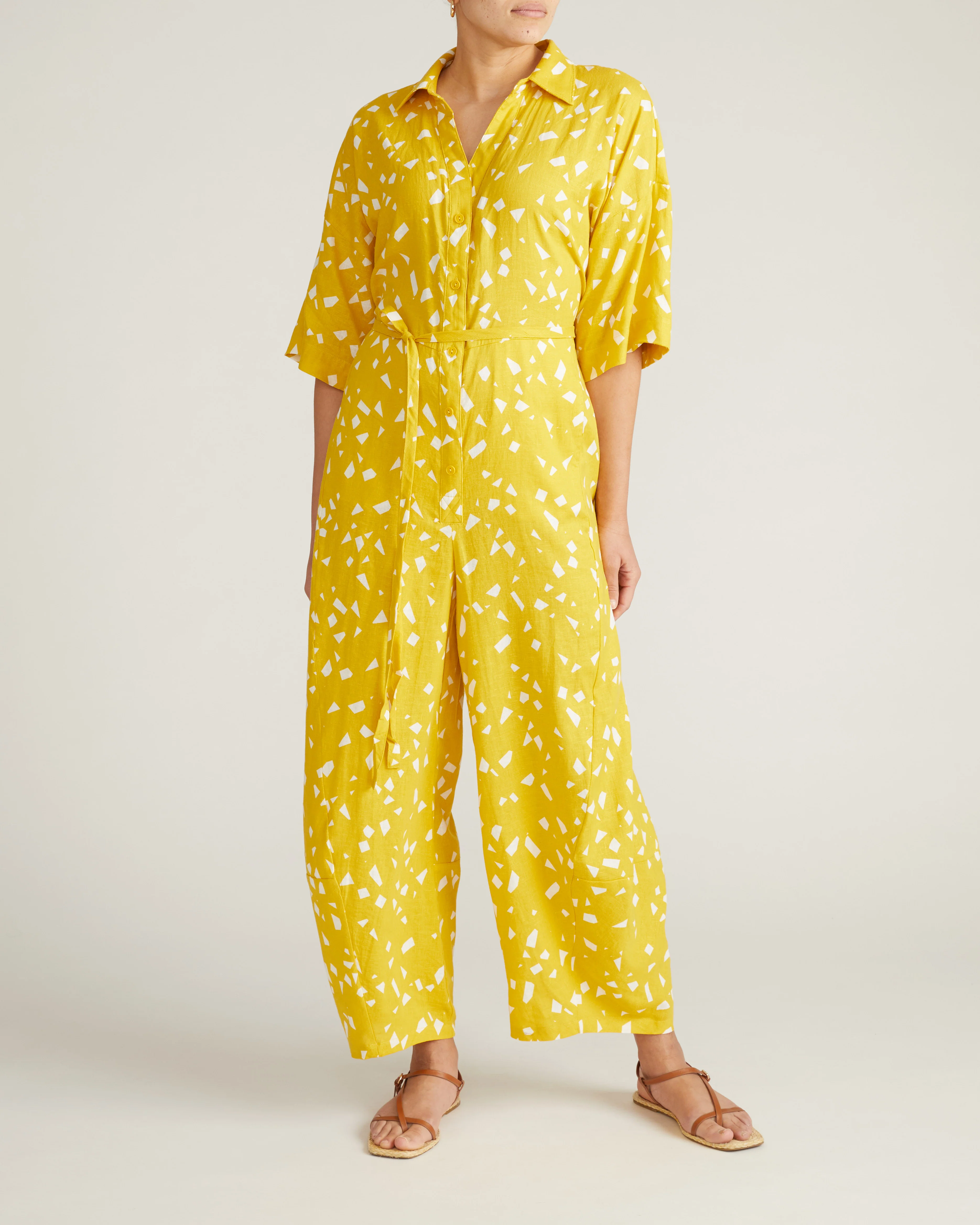 Maggie Barrel Leg Linen Jumpsuit - Yellow Confetti Print - Image 3