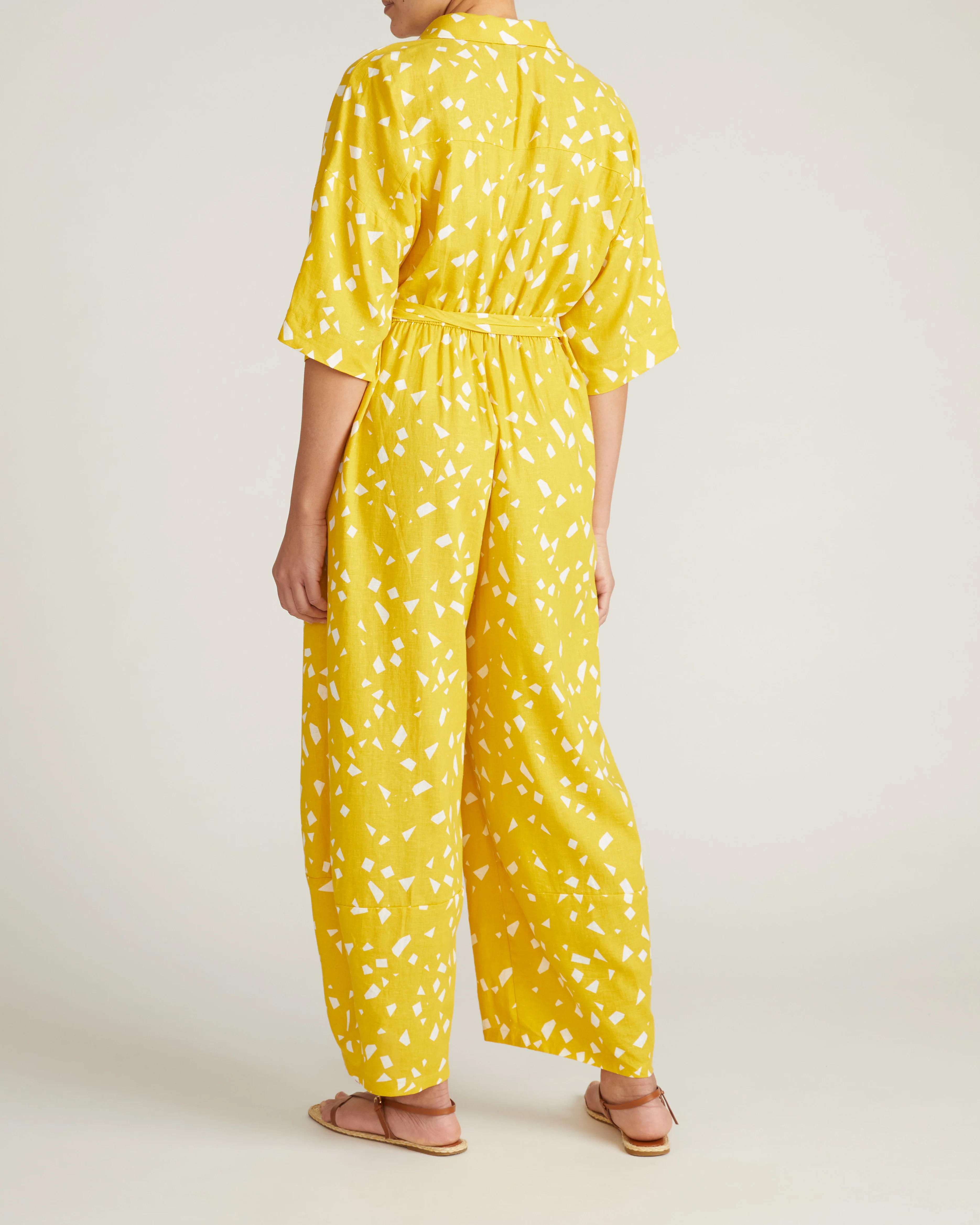 Maggie Barrel Leg Linen Jumpsuit - Yellow Confetti Print - Image 5