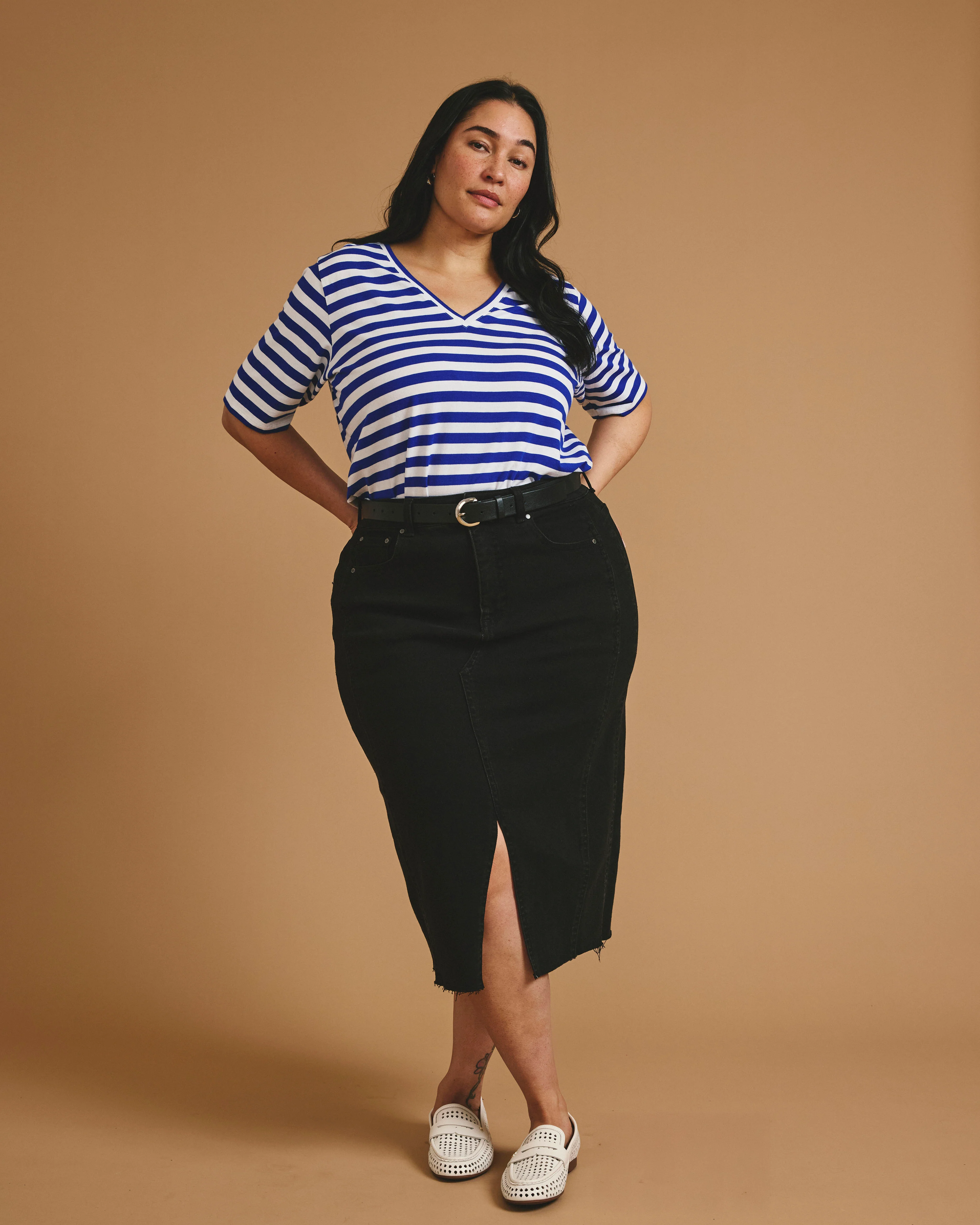 Maia Stovepipe Sleeve V Neck Tee - Hammersmith Blue/White Stripe - Image 2