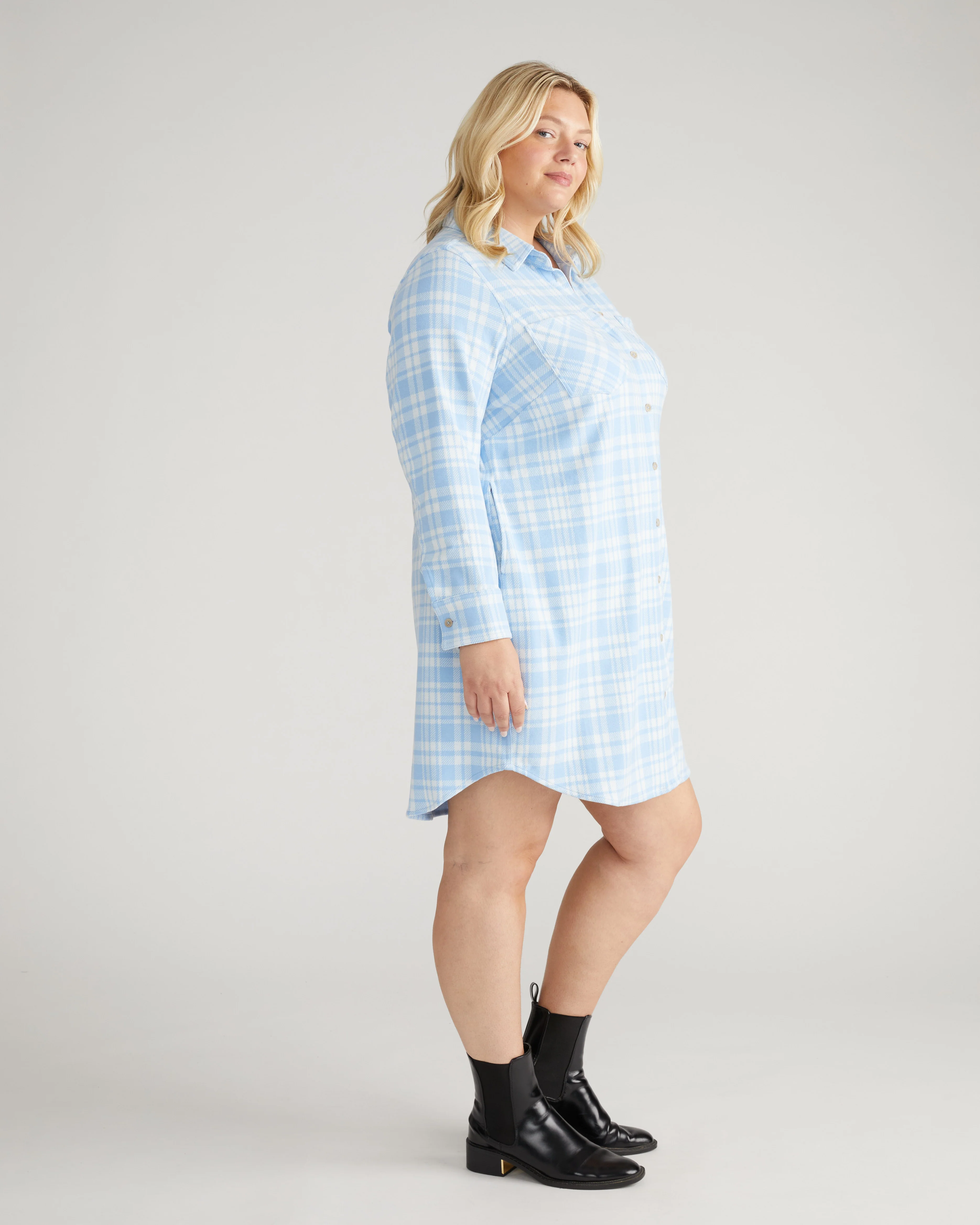 Maine Stretch Flannel Shirtdress - Teapot Whistle Blue Plaid - Image 5