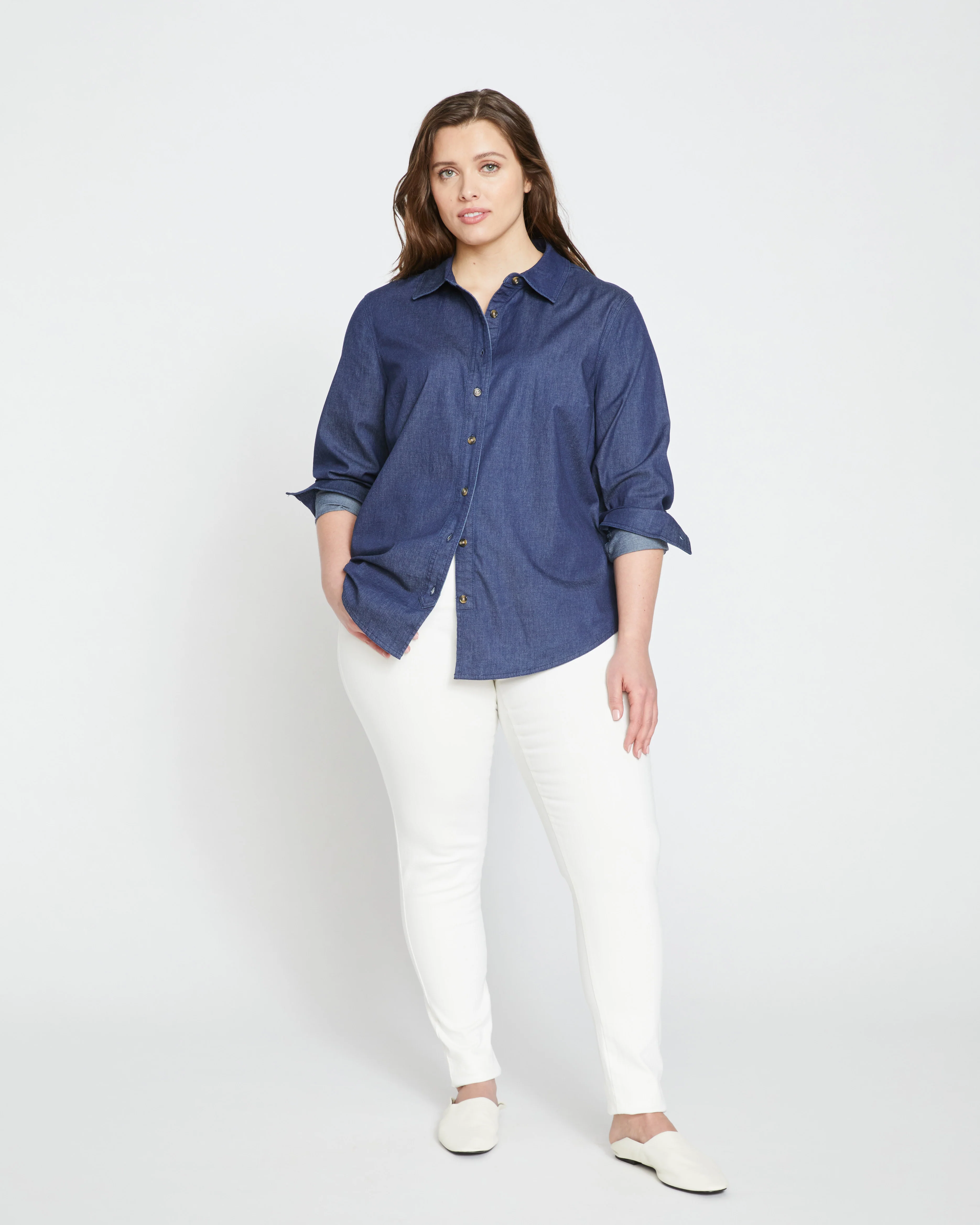 Minimalist Stretch Cotton Chambray Shirt - Dark Indigo - Image 4