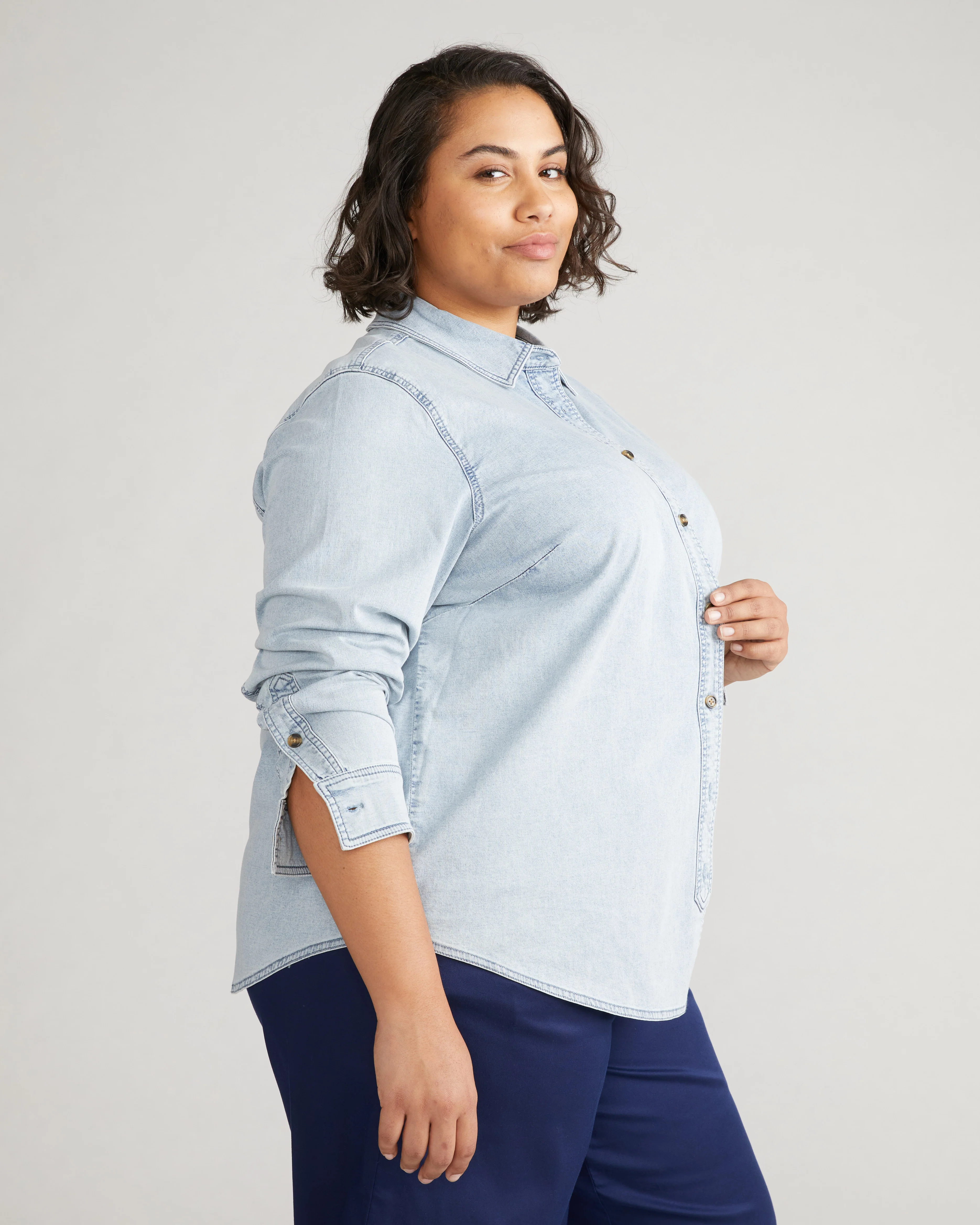 Minimalist Stretch Cotton Chambray Shirt - Heritage Blue - Image 3