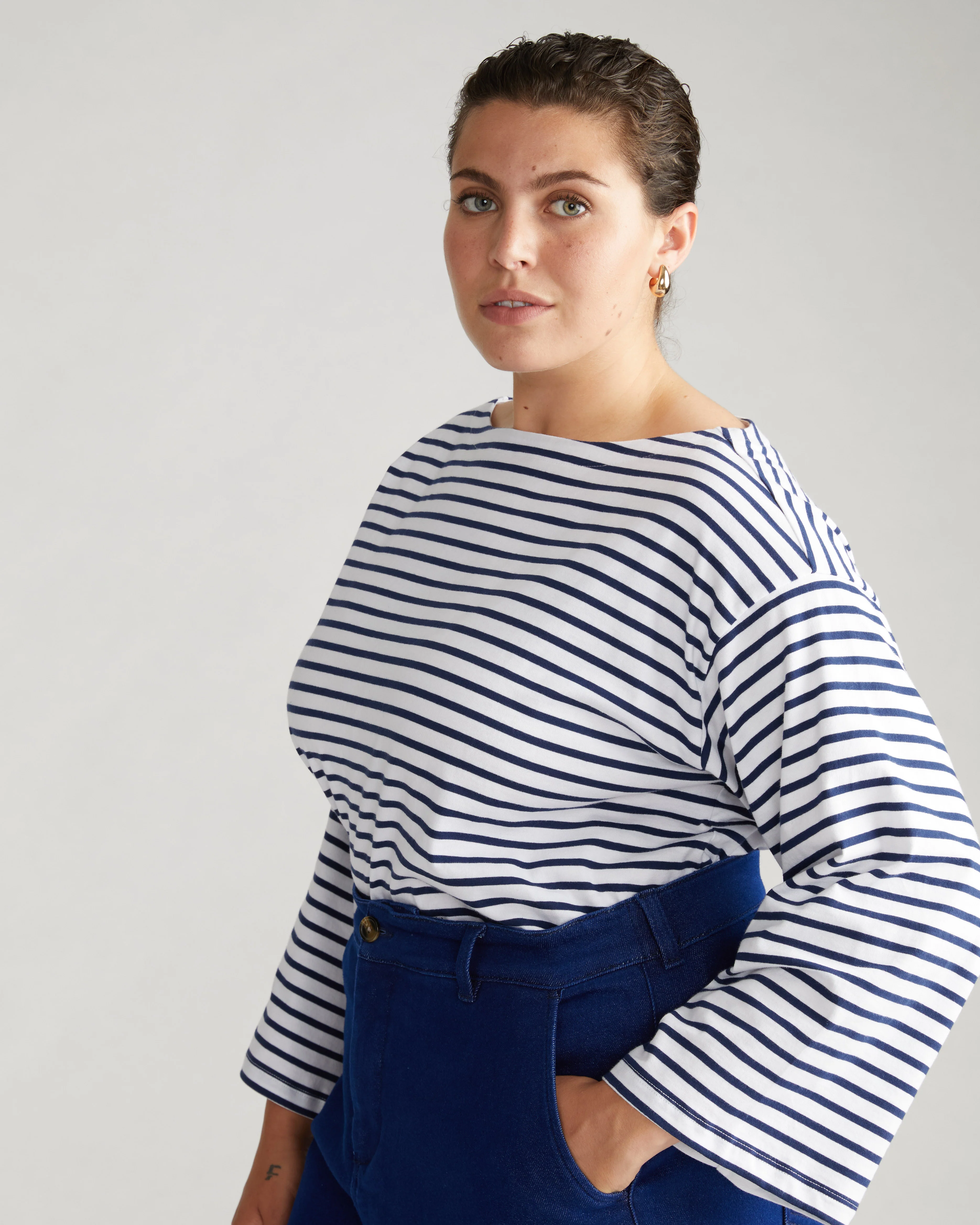 Montauk Breton Stripe Bell Sleeve Top - White/Cenote Stripe - Image 6
