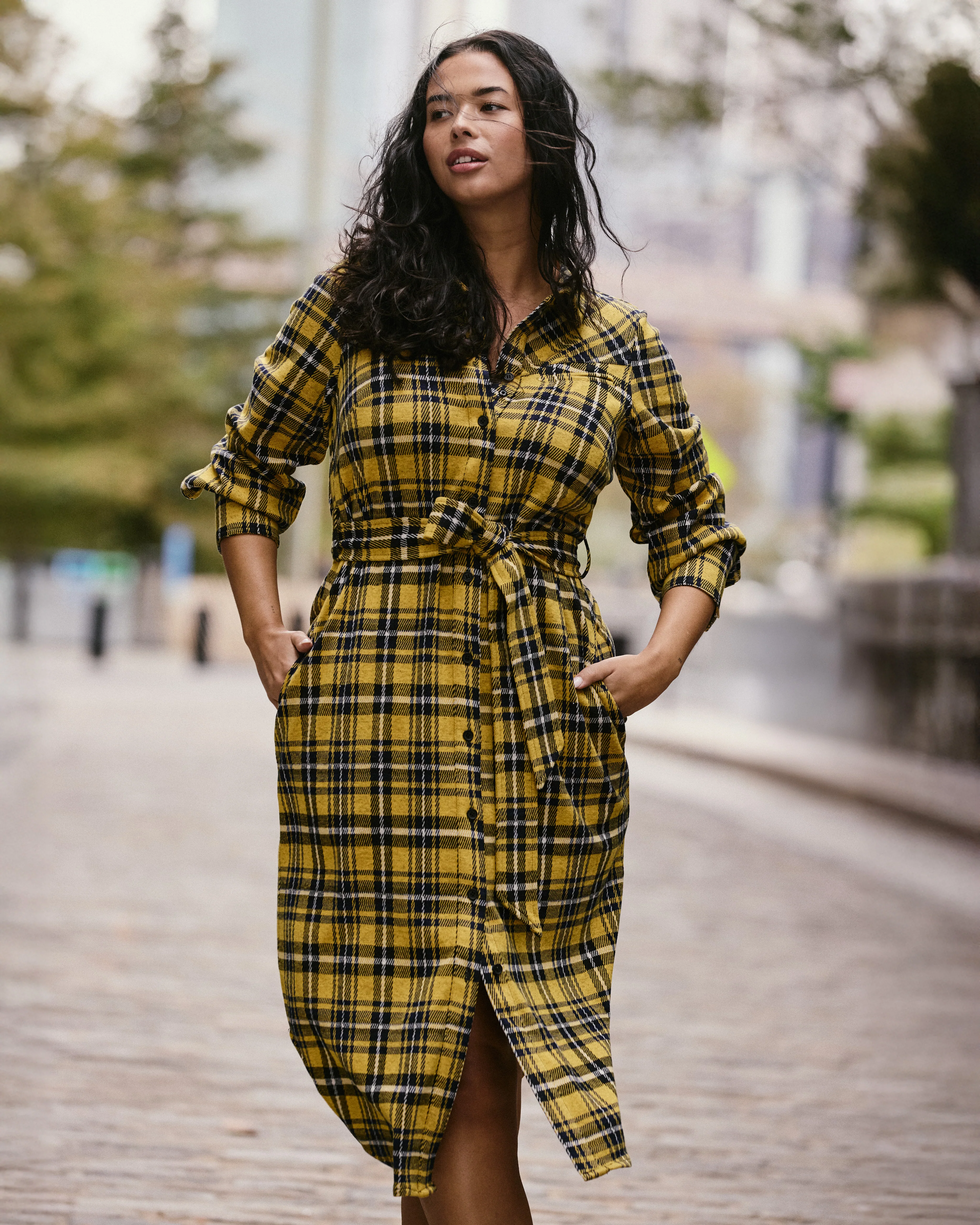 Morgan Belted Stretch Flannel Shirtdress - Chamomile Yellow Plaid - Image 4