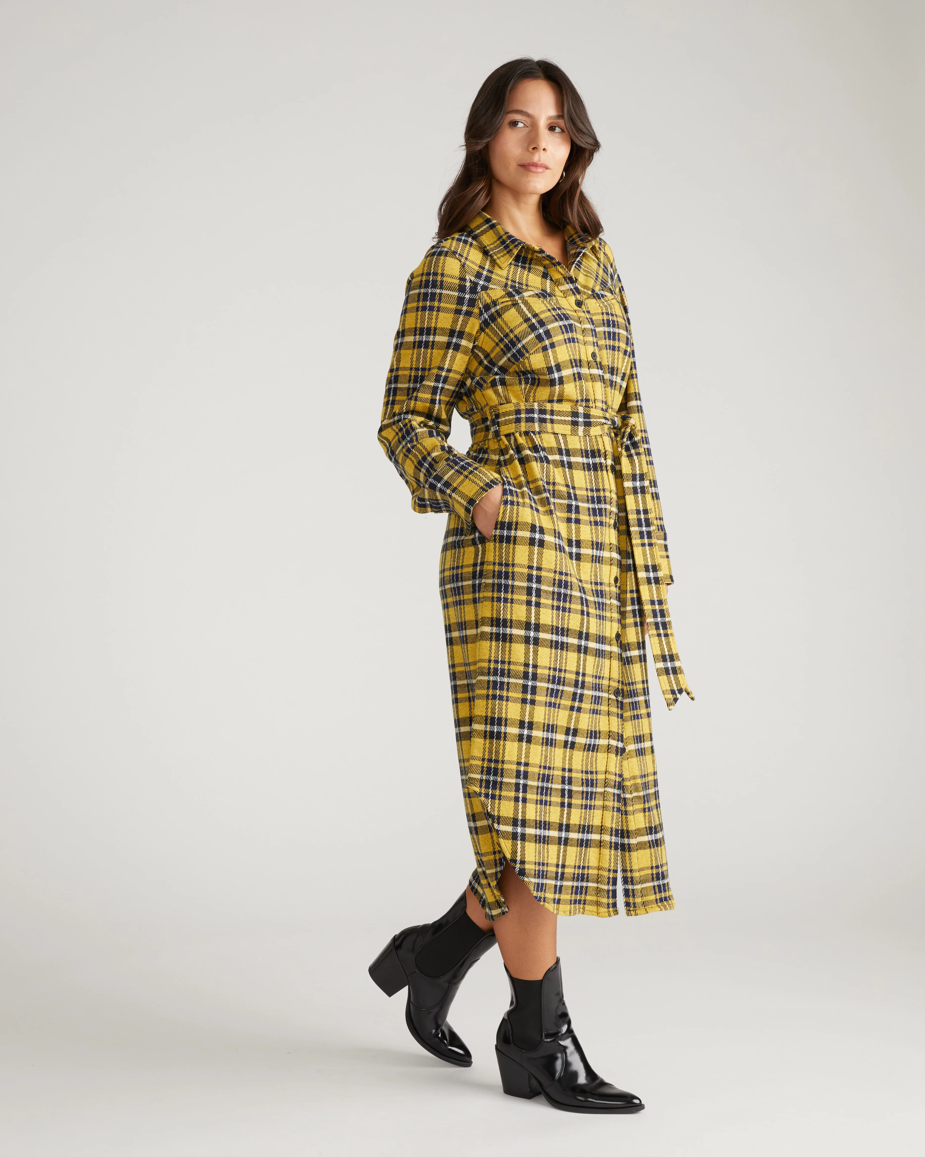 Morgan Belted Stretch Flannel Shirtdress - Chamomile Yellow Plaid - Image 6