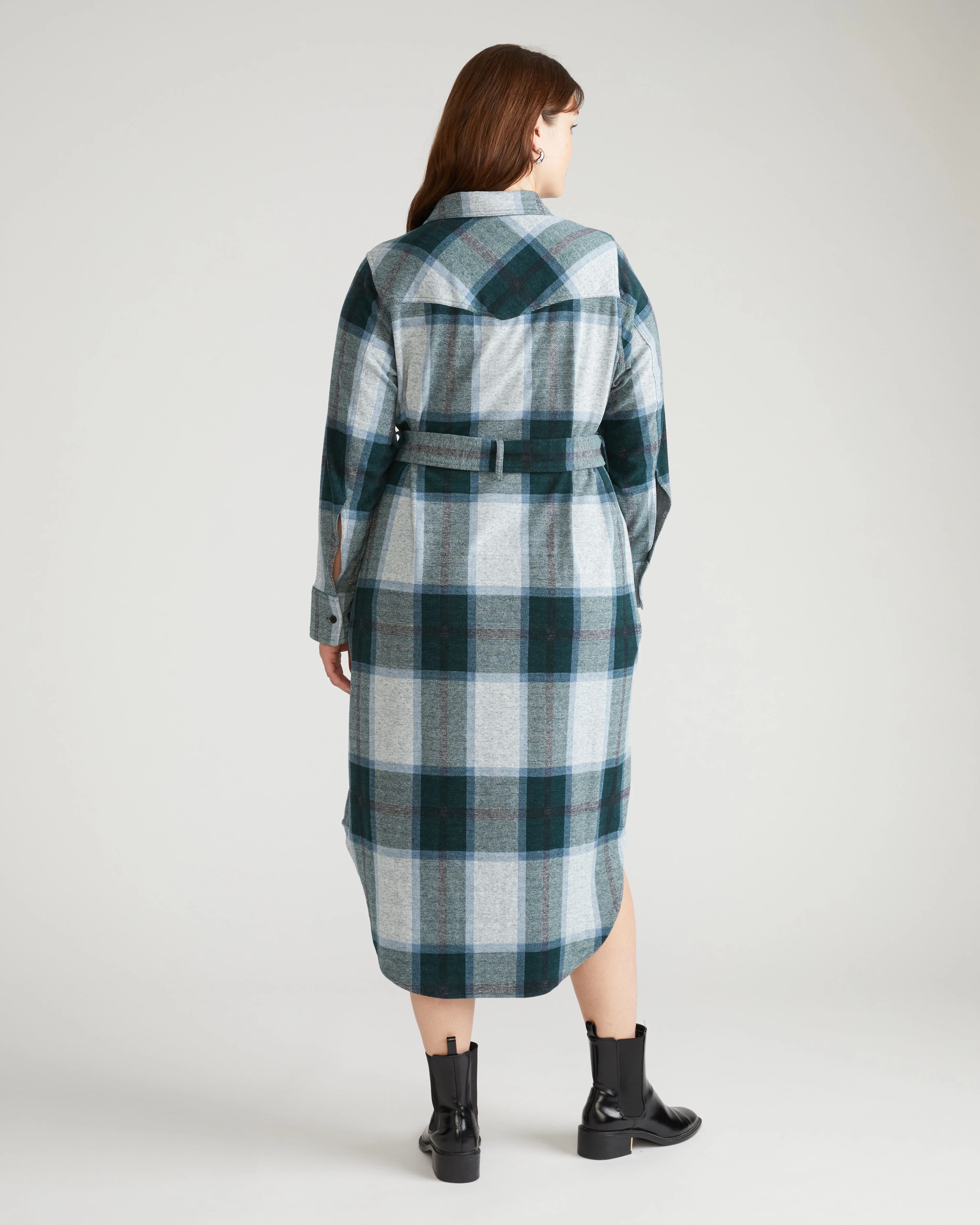 Morgan Belted Stretch Flannel Shirtdress - Mate Green Plaid - Image 3