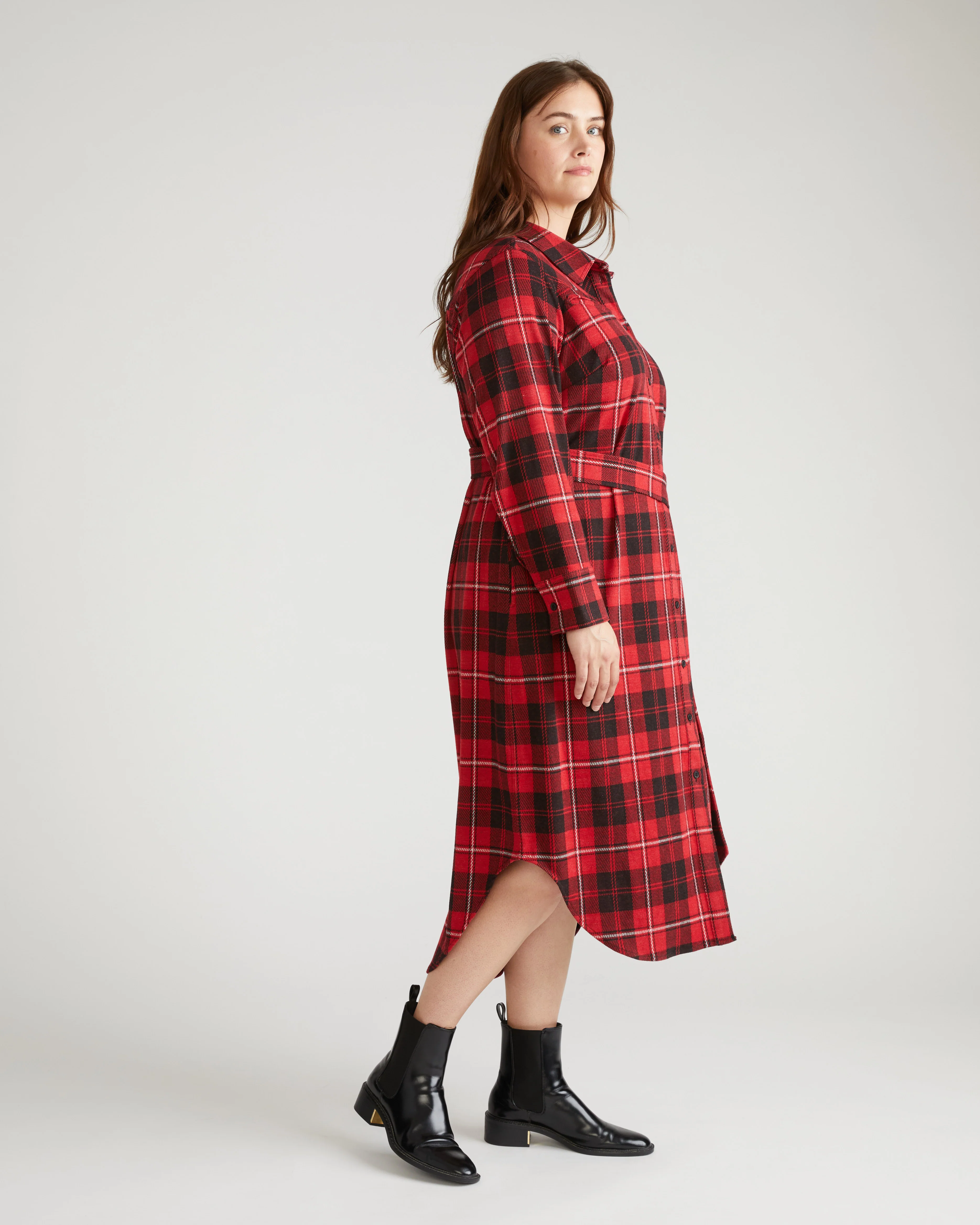 Morgan Belted Stretch Flannel Shirtdress - Ridge Brew Red Plaid - Image 3