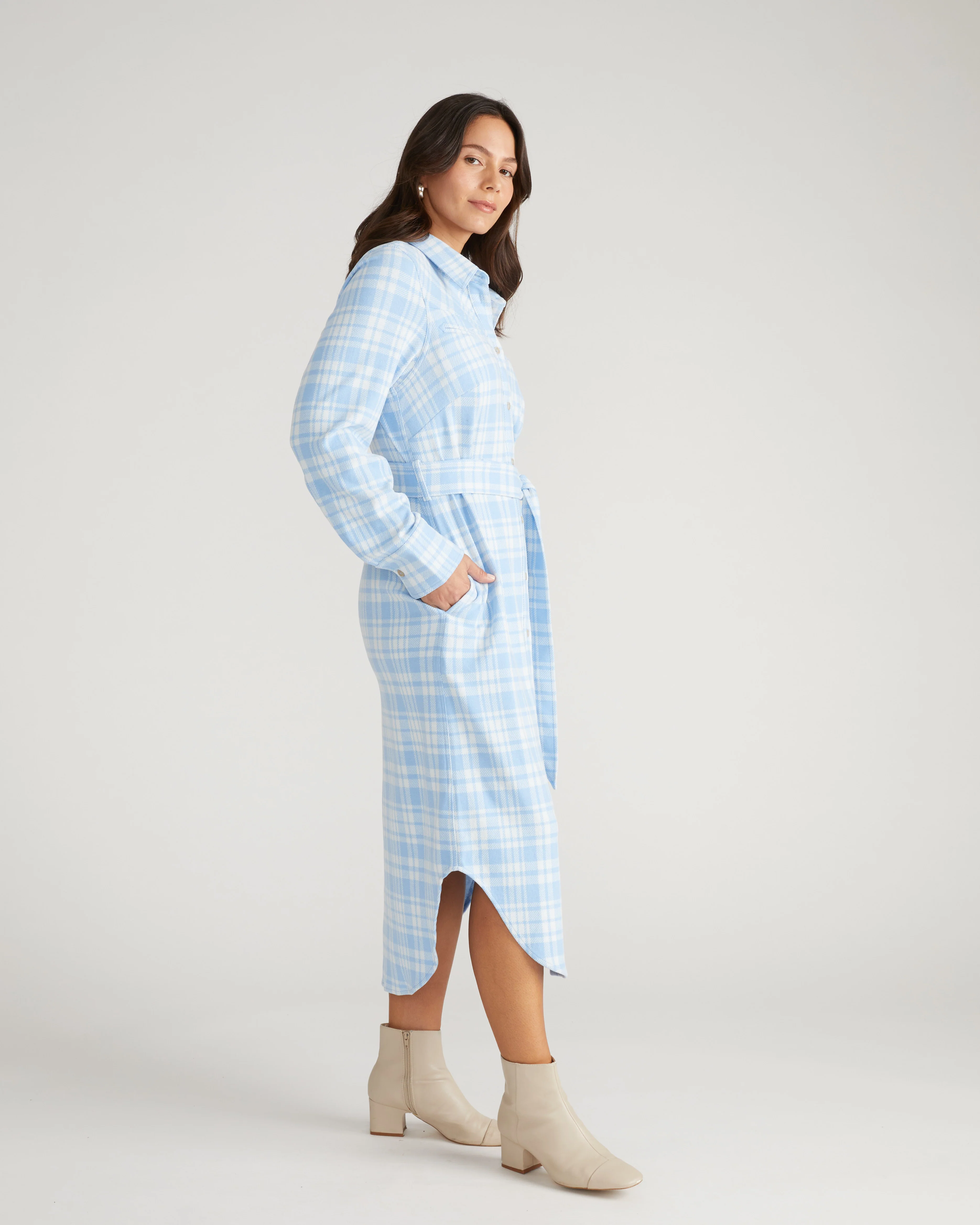 Morgan Belted Stretch Flannel Shirtdress - Teapot Whistle Blue Plaid - Image 2