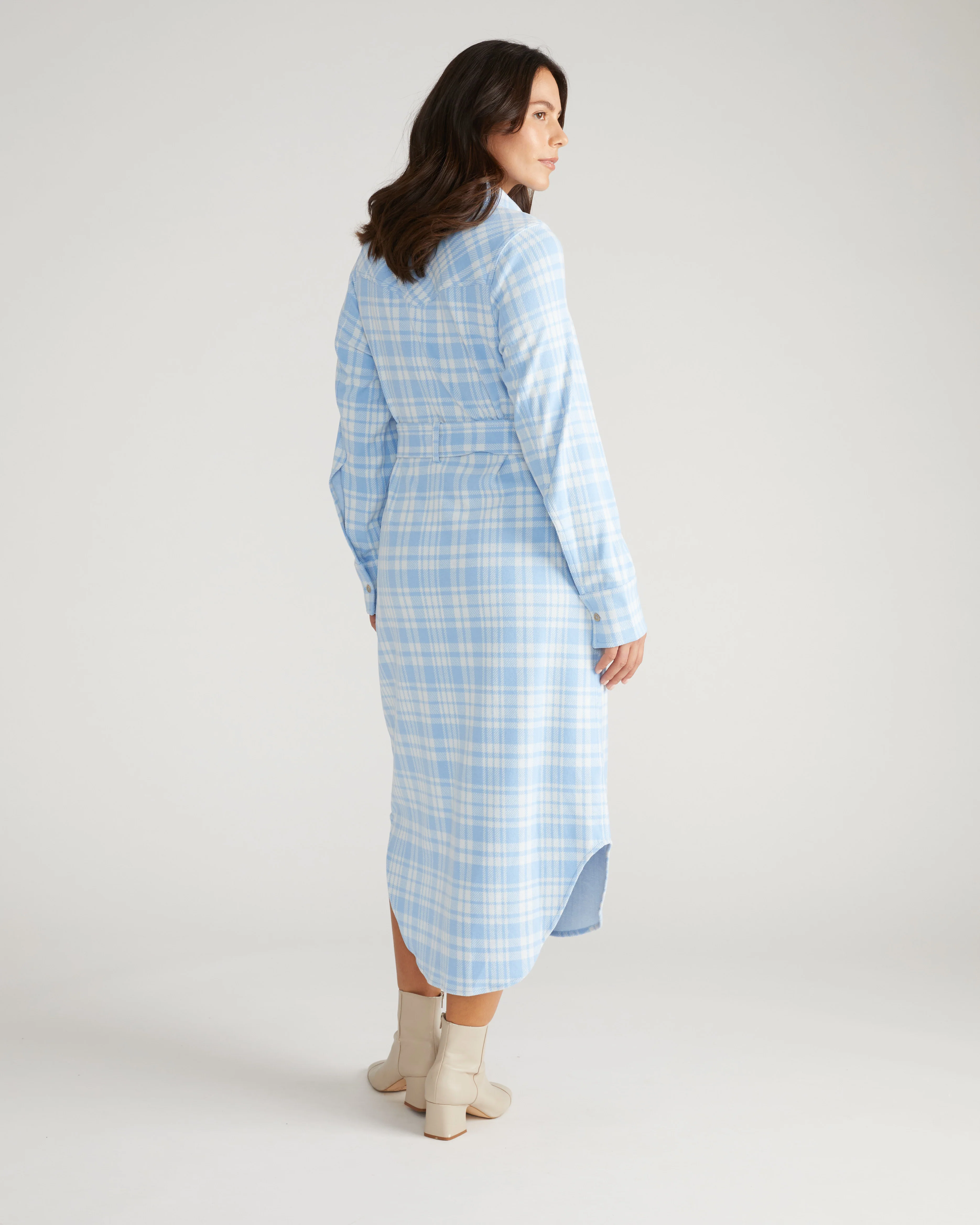 Morgan Belted Stretch Flannel Shirtdress - Teapot Whistle Blue Plaid - Image 3