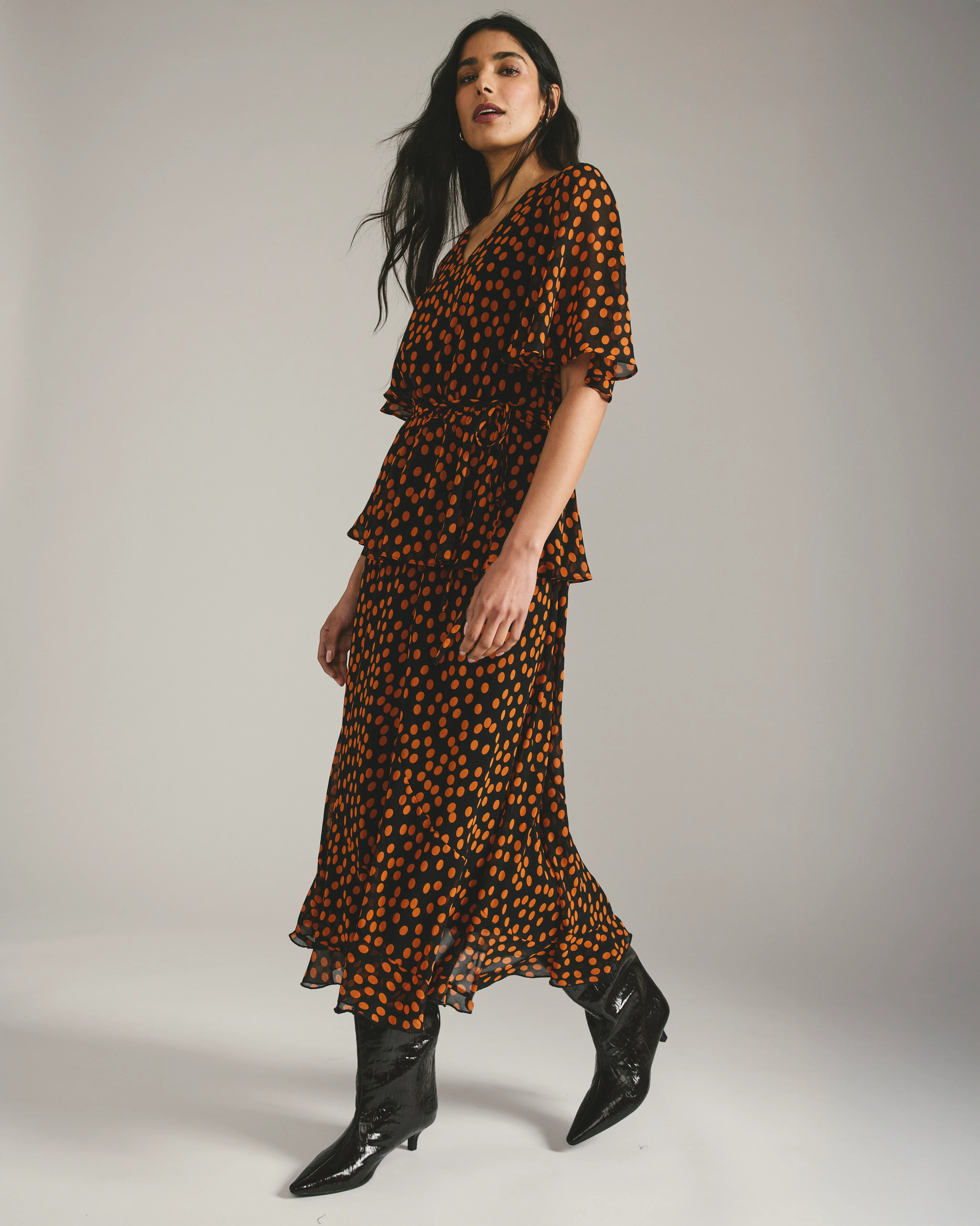 Navarte Chiffon Midi Skirt - Black/Orange Dot Print - Image 4