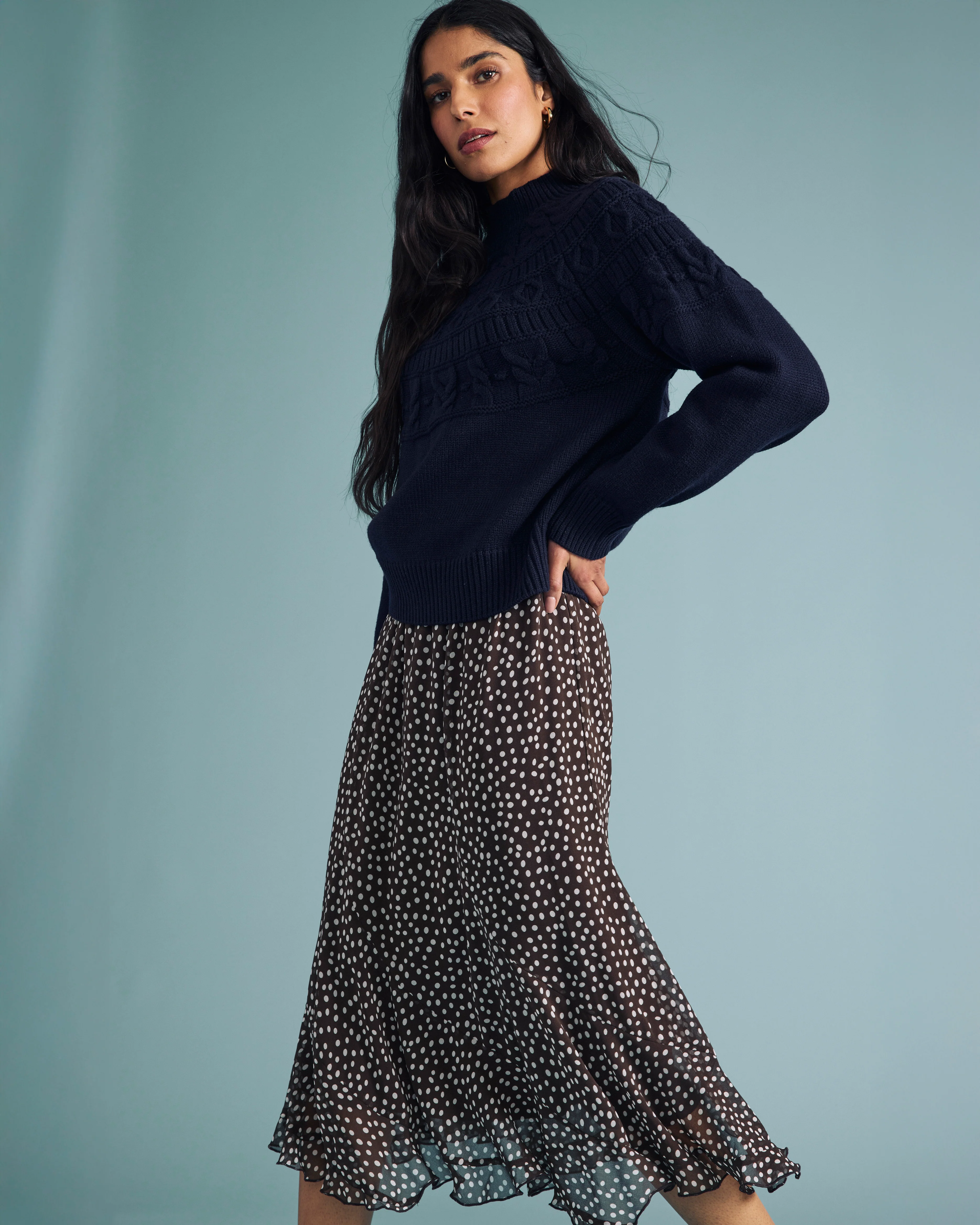 Navarte Chiffon Midi Skirt - Brown/White Dot Print - Image 6