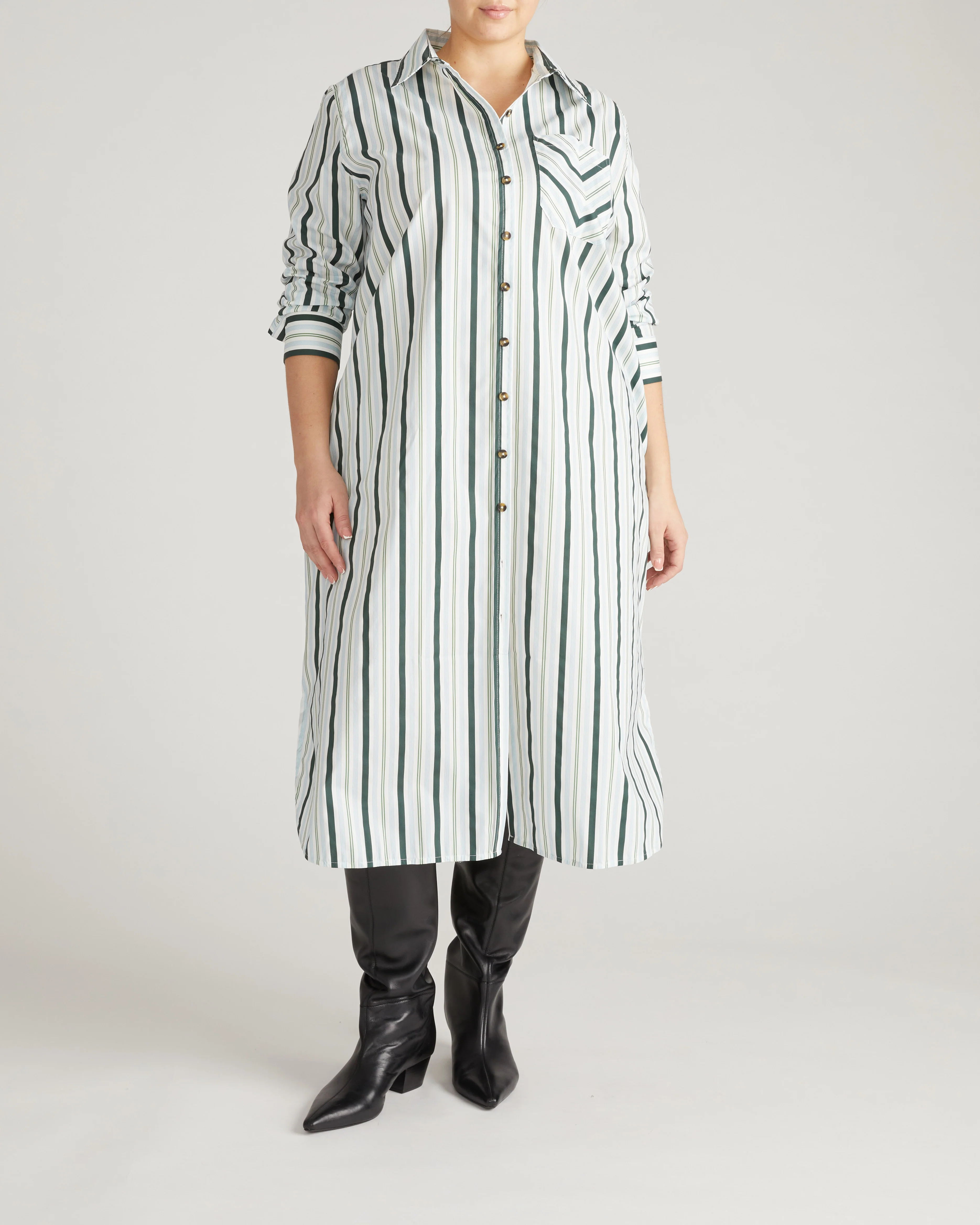 Odeon Stretch Poplin Shirtdress - Forest Green Multi Stripe - Image 4