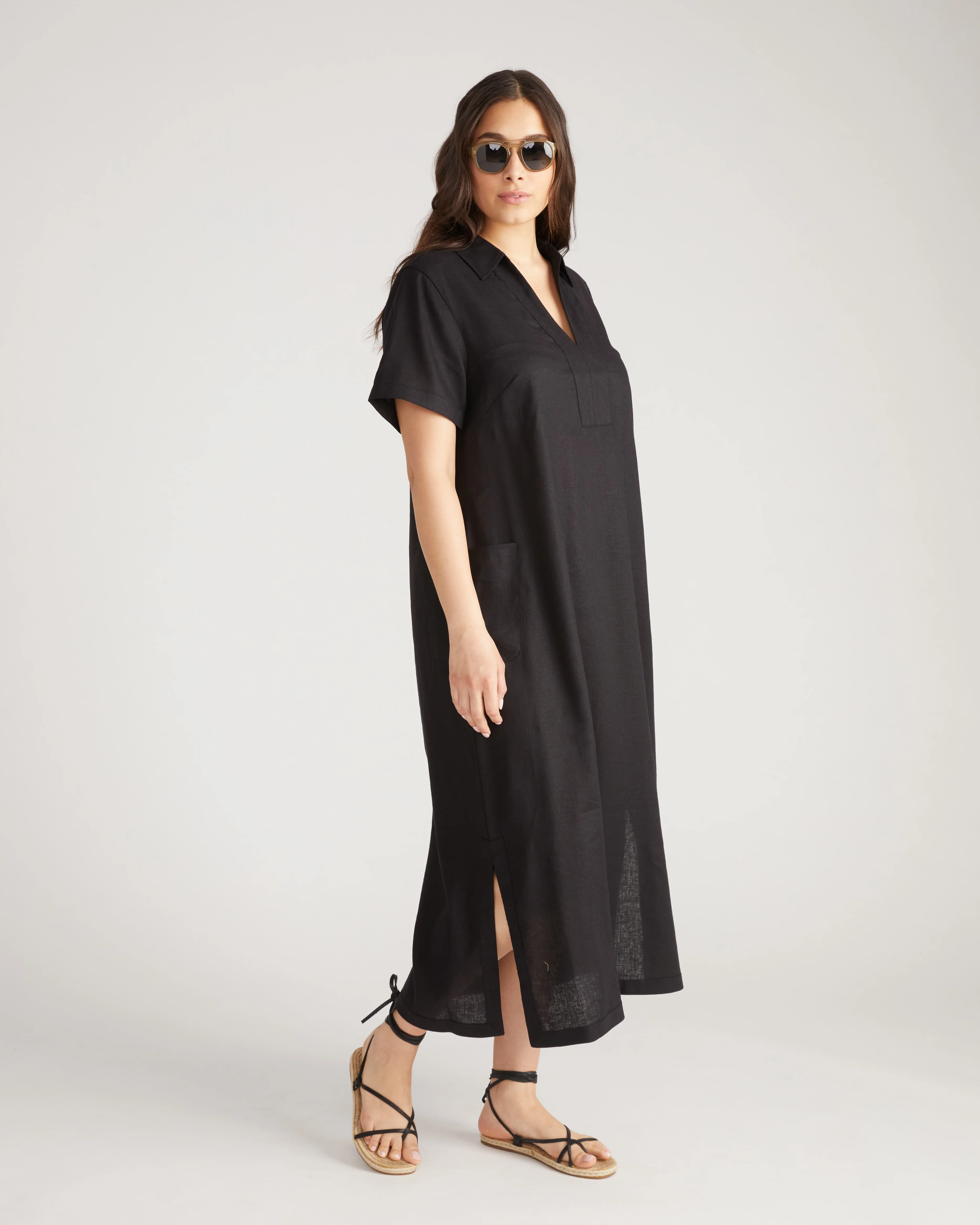 Padma Polo Neck Linen Dress - Black - Image 5