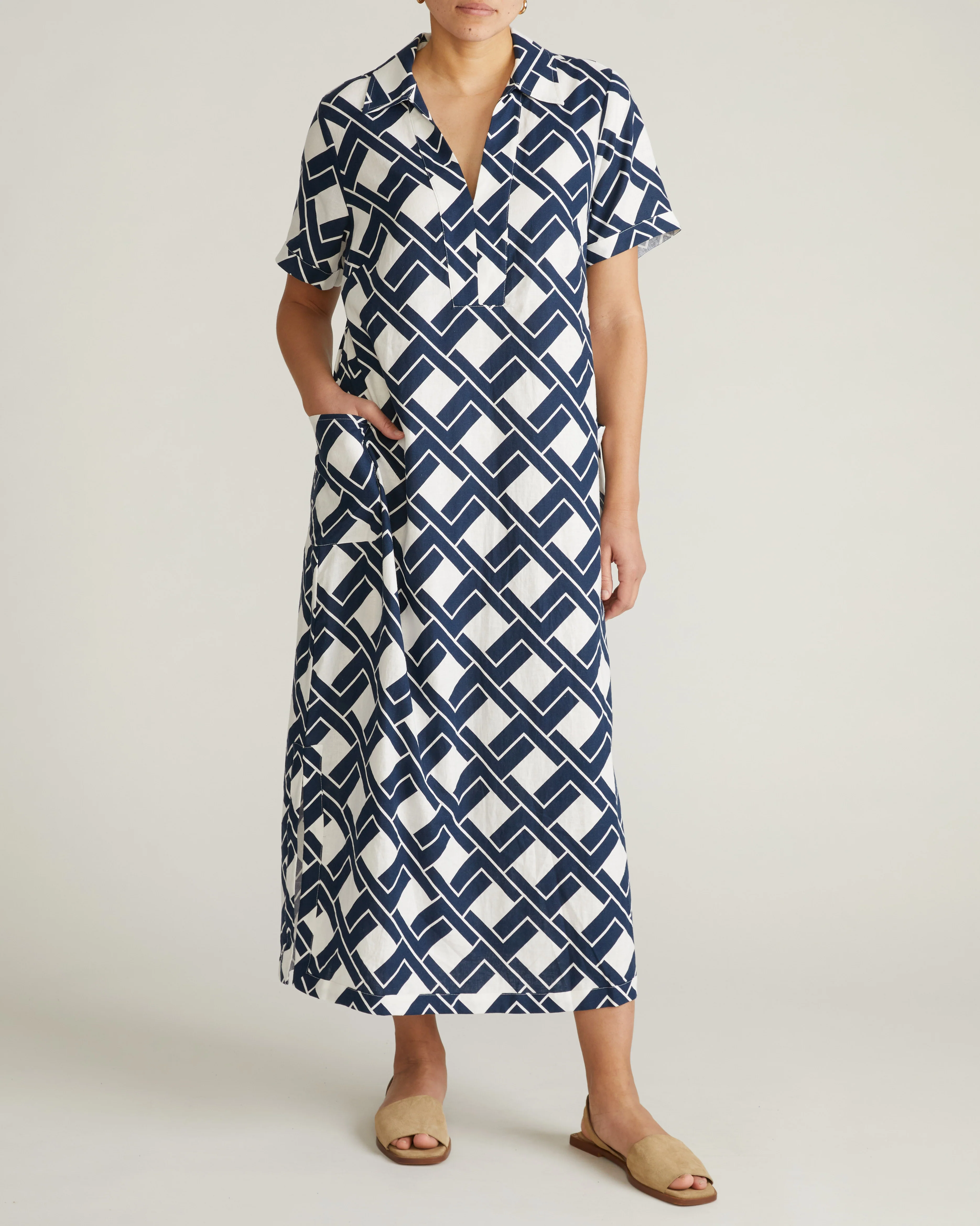 Padma Polo Neck Linen Dress - Geometrica Print - Image 5