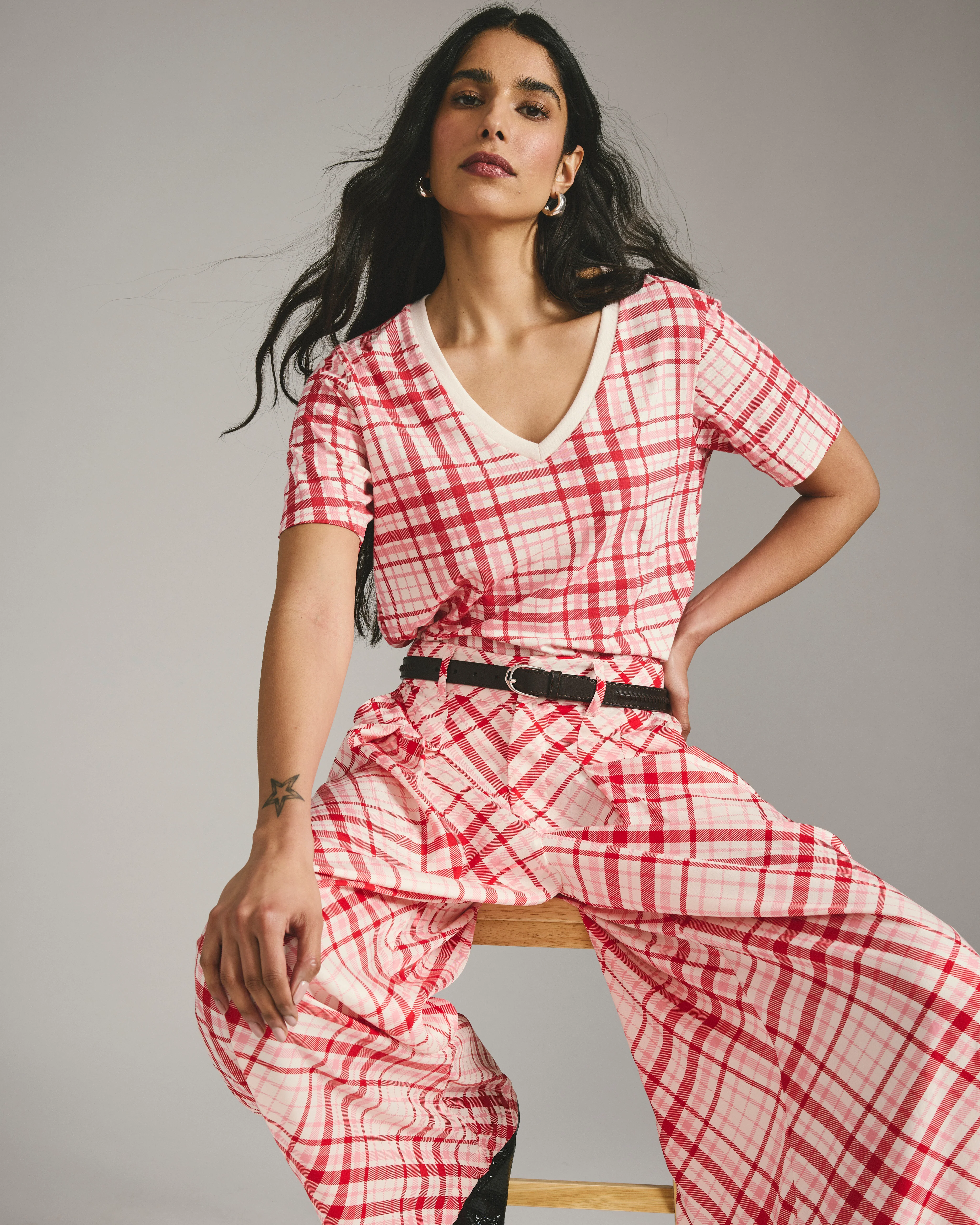 Palais Cooling Cupro Wide Leg Pant - Red Plaid Print - Image 4