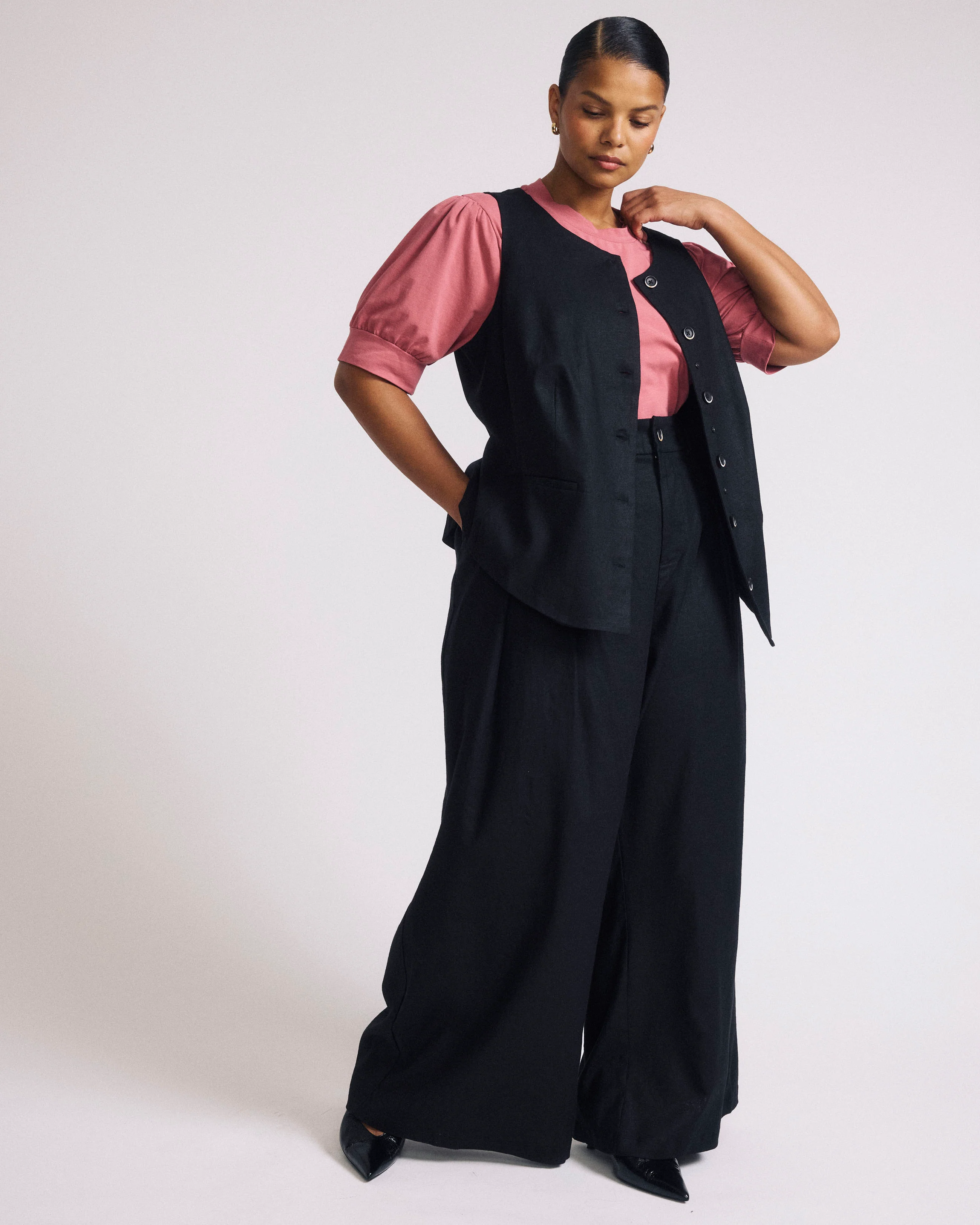 Palais Stretch Linen Wide Leg Pant - Black - Image 3