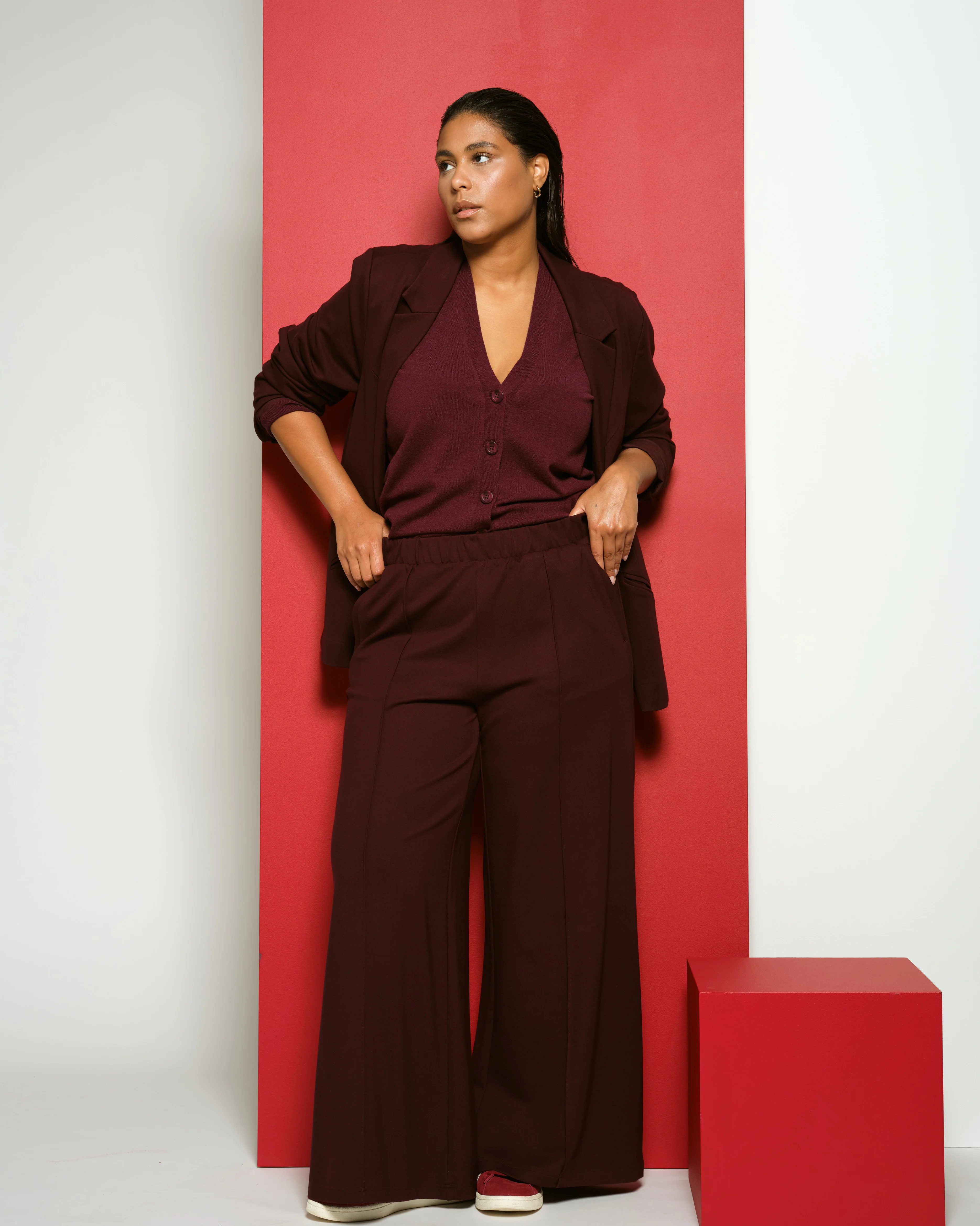 Pam Pintuck Wide Leg Ponte Pants - Black Cherry - Image 2