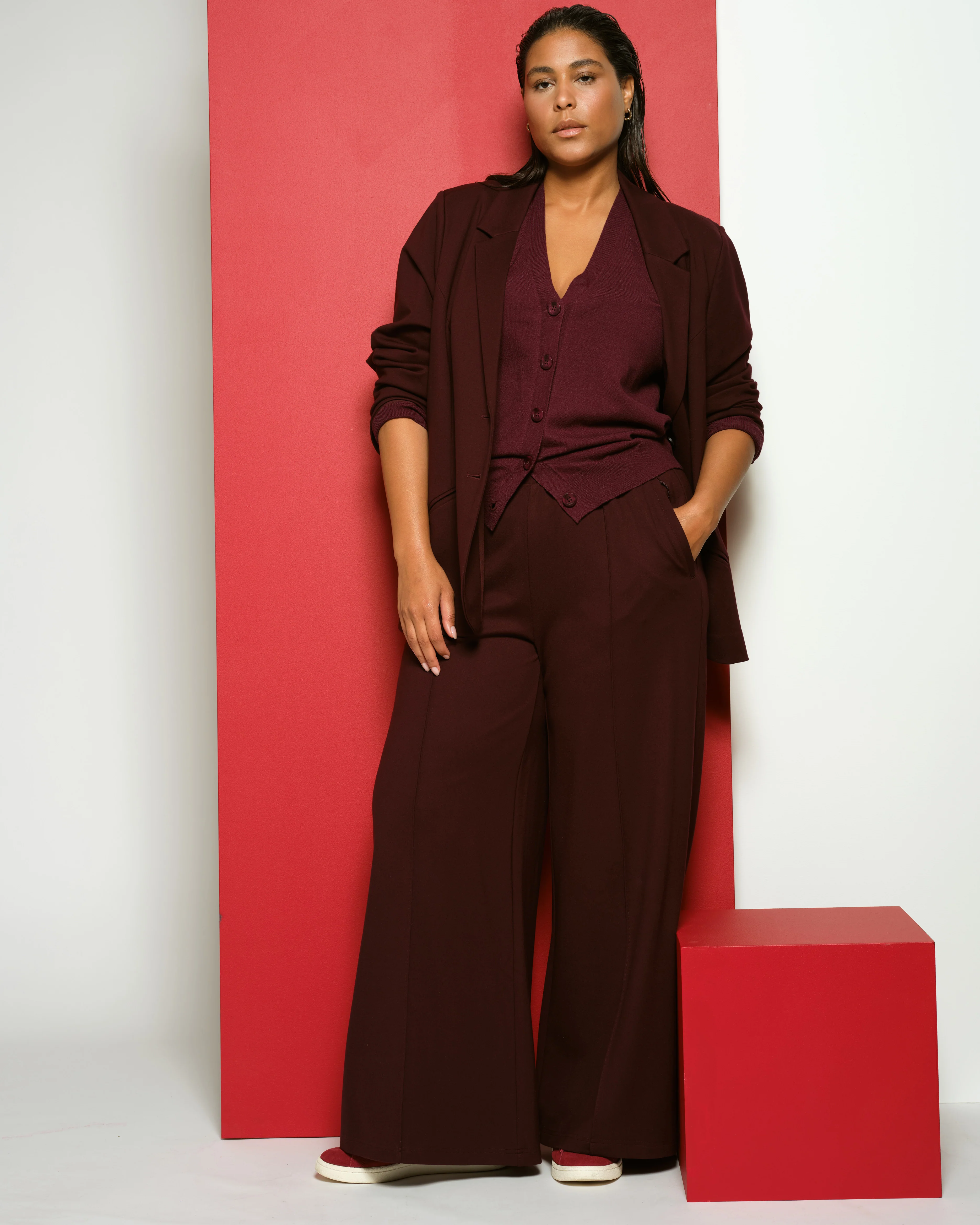 Pam Pintuck Wide Leg Ponte Pants - Black Cherry - Image 3