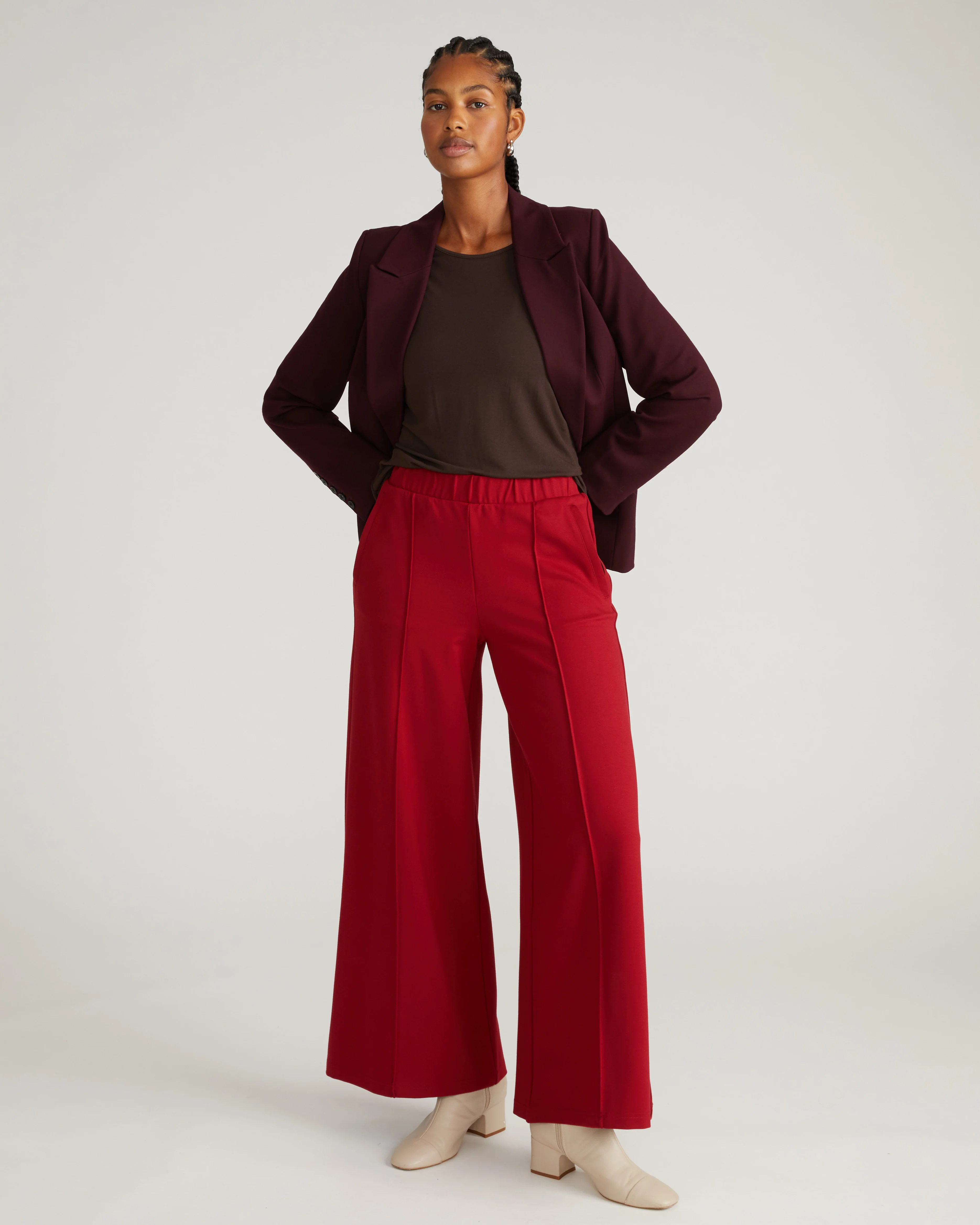 Pam Pintuck Wide Leg Ponte Pants - Garnet - Image 2
