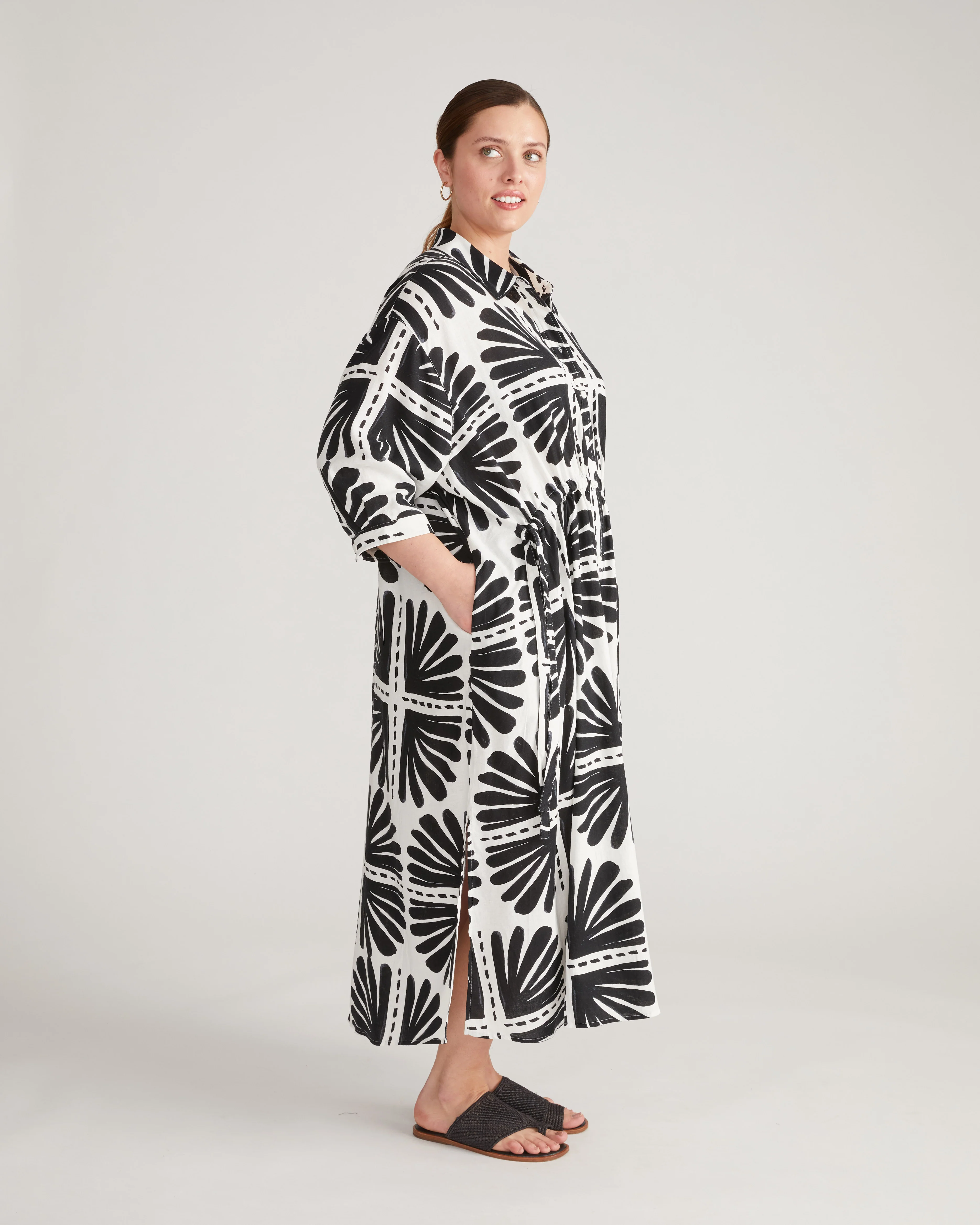 Paros Drawstring Linen Shirtdress - Ink Bloom Print - Image 3