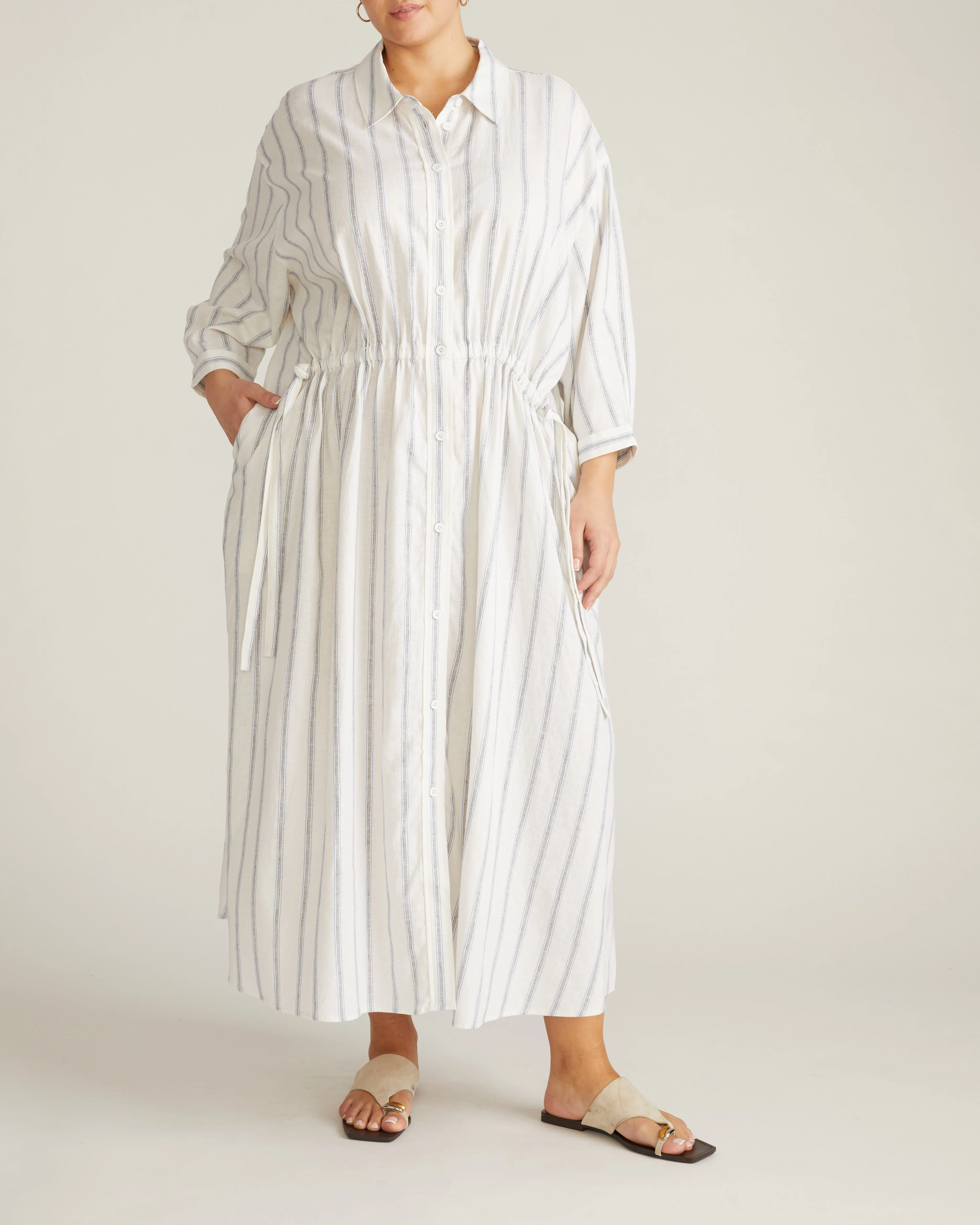Paros Drawstring Linen Shirtdress - Mayfair Stripe - Image 3